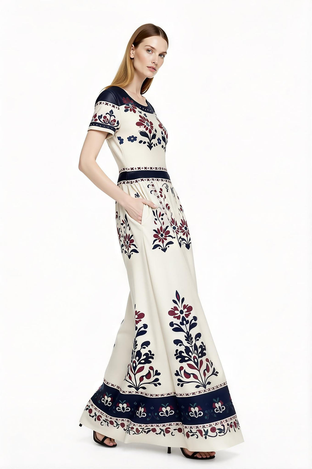 Ivory Floral Maxi Dress with Short Sleeves and Side Pockets A-Line Silhouette