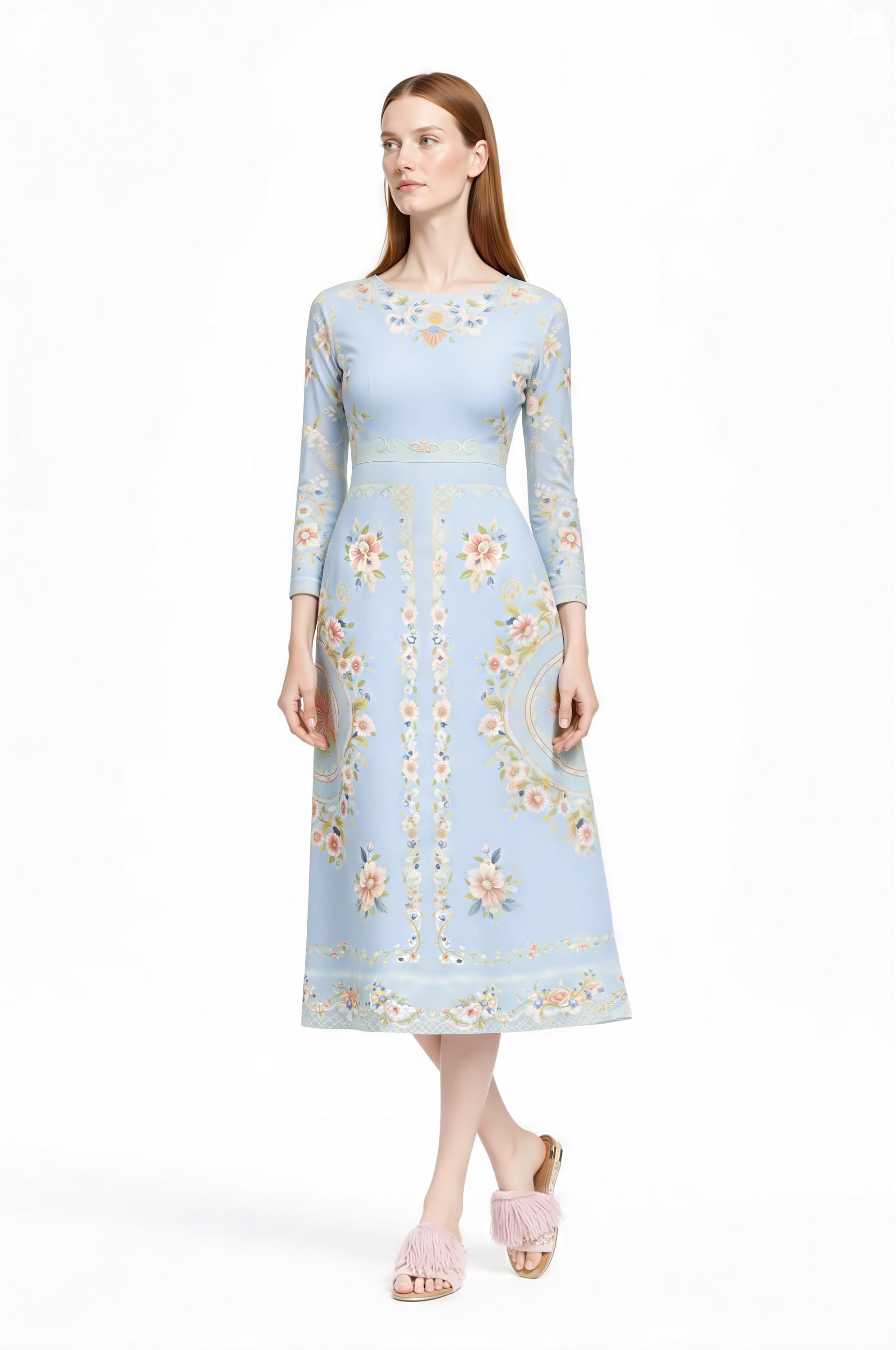 Ivory Floral Midi Dress, Long Sleeve, Vintage Inspired, Pockets