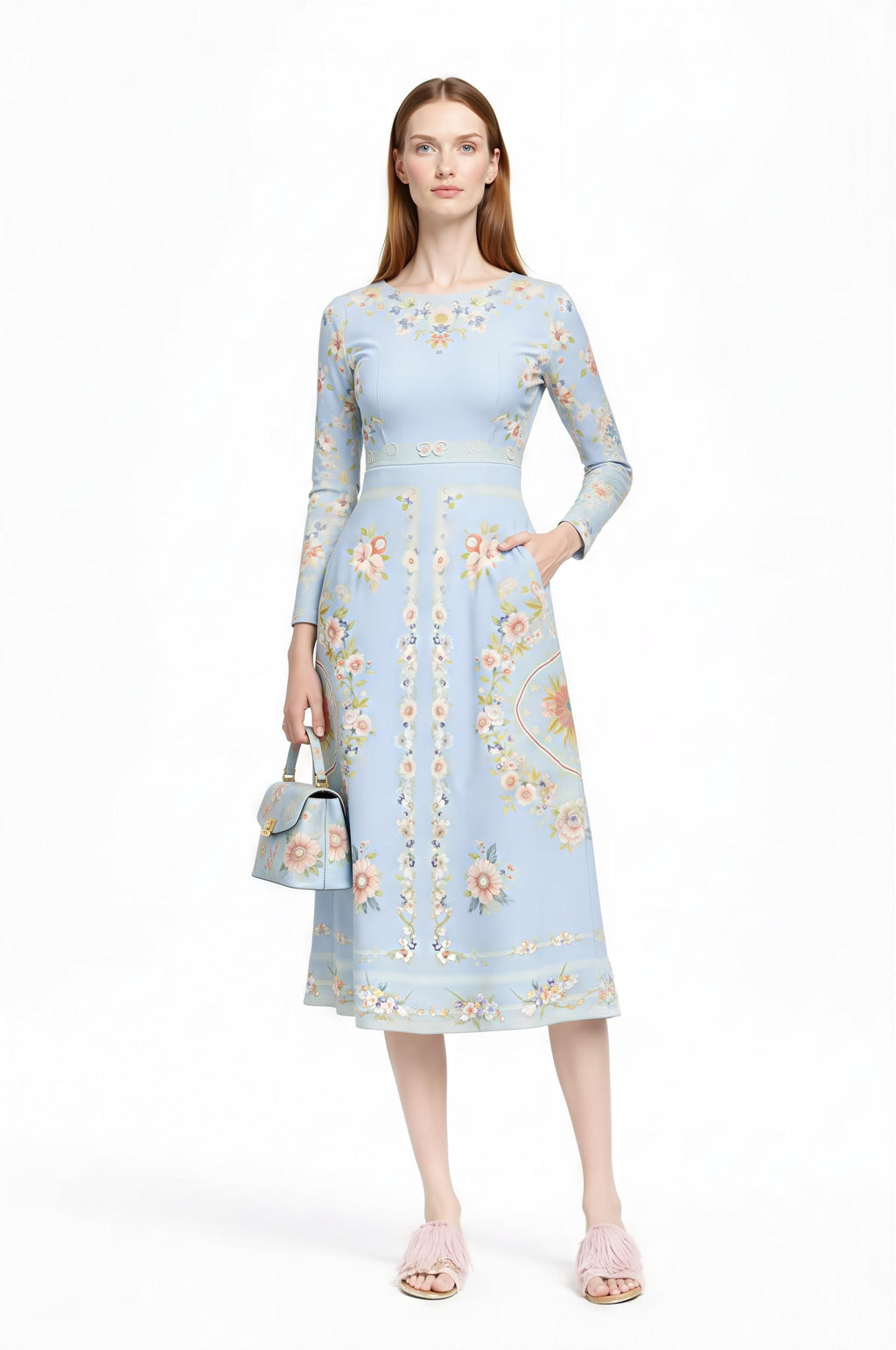 Ivory Floral Midi Dress, Long Sleeve, Vintage Inspired, Pockets