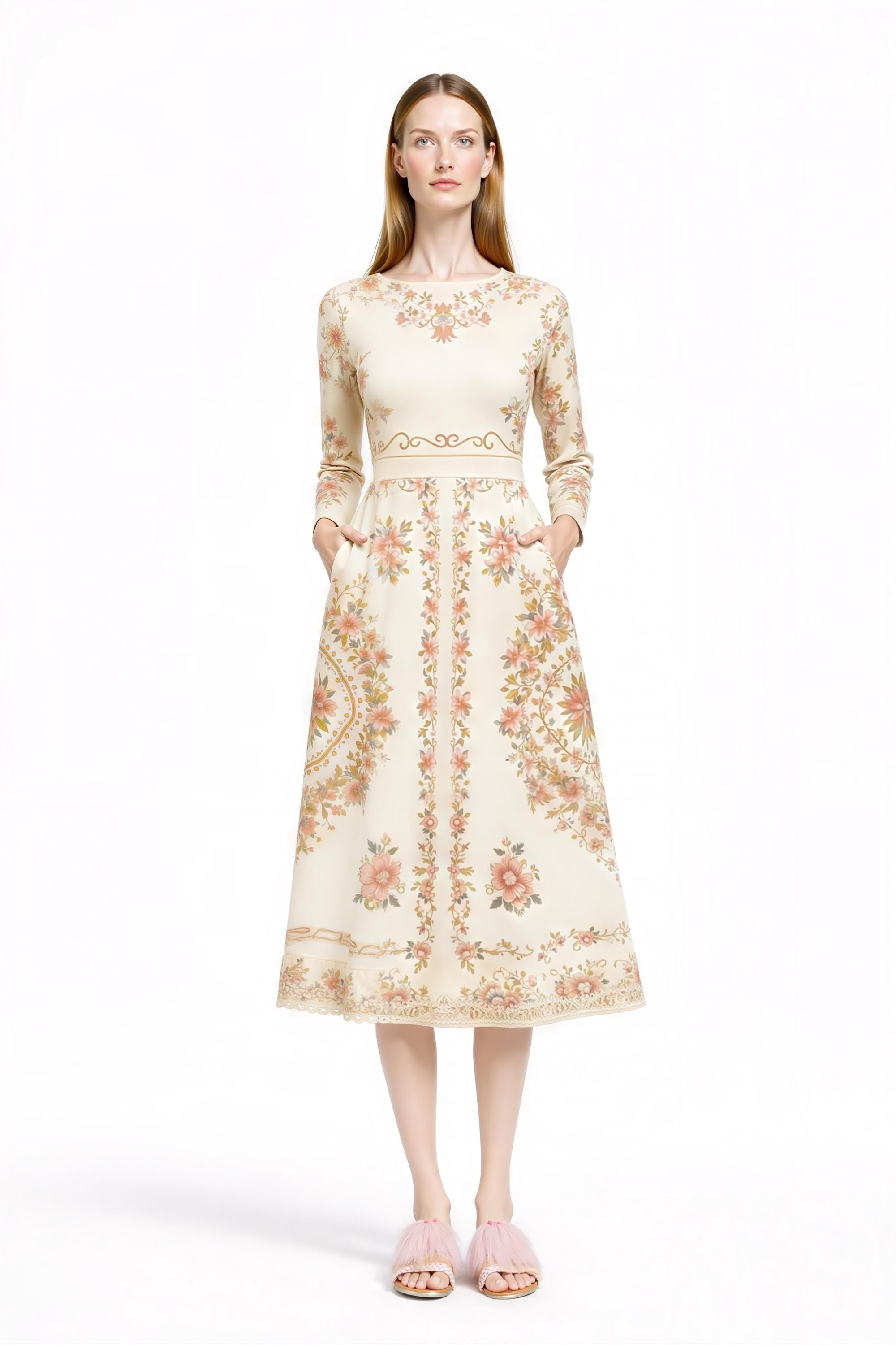 Ivory Floral Midi Dress, Long Sleeve, Vintage Inspired, Pockets