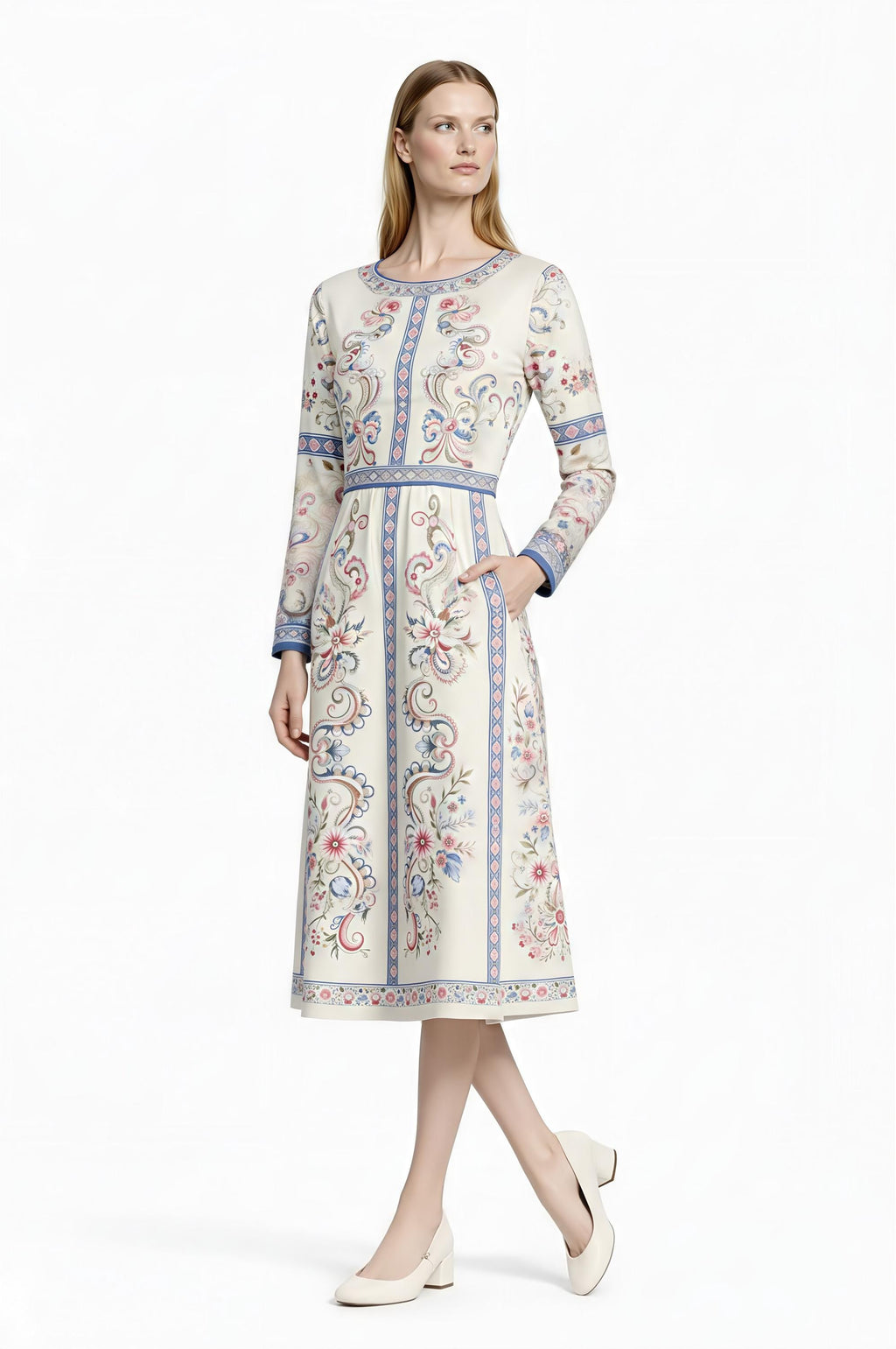 Ivory Floral Midi Dress, Long Sleeve Vintage Inspired Tea Dress
