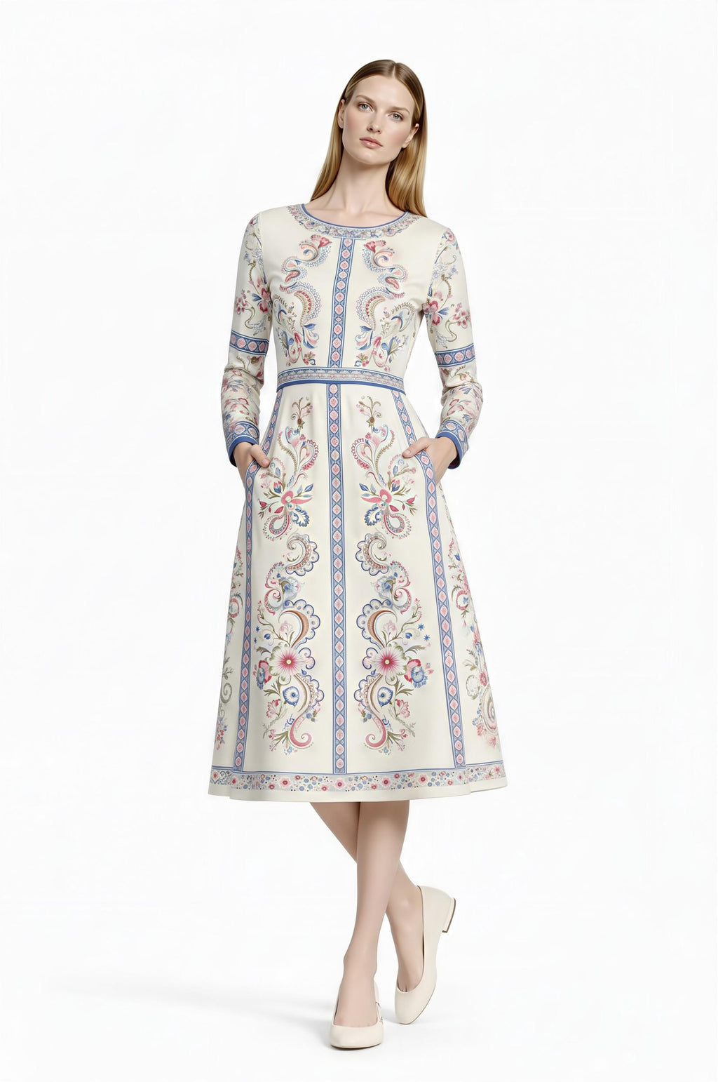 Ivory Floral Midi Dress, Long Sleeve Vintage Inspired Tea Dress