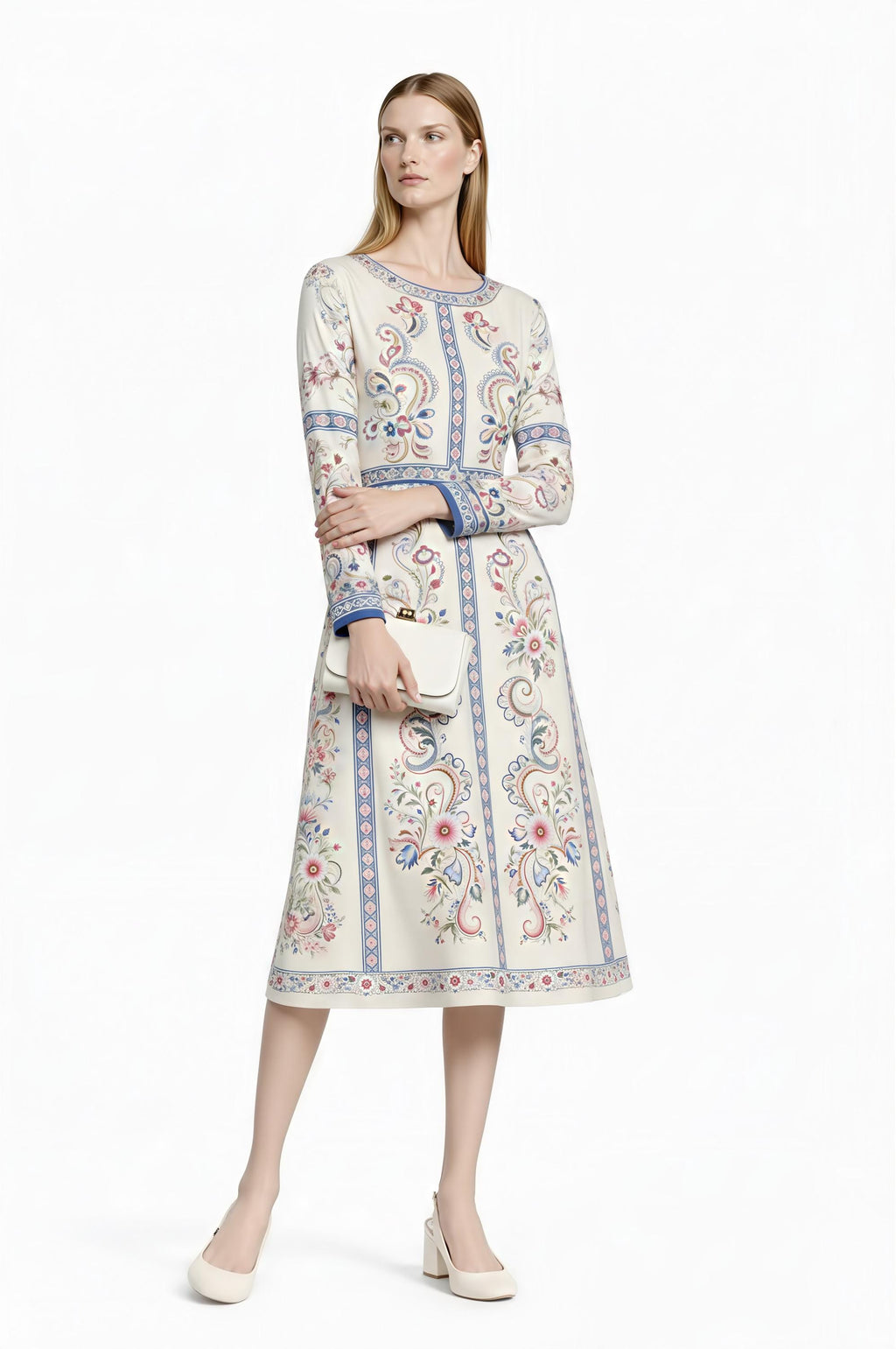 Ivory Floral Midi Dress, Long Sleeve Vintage Inspired Tea Dress