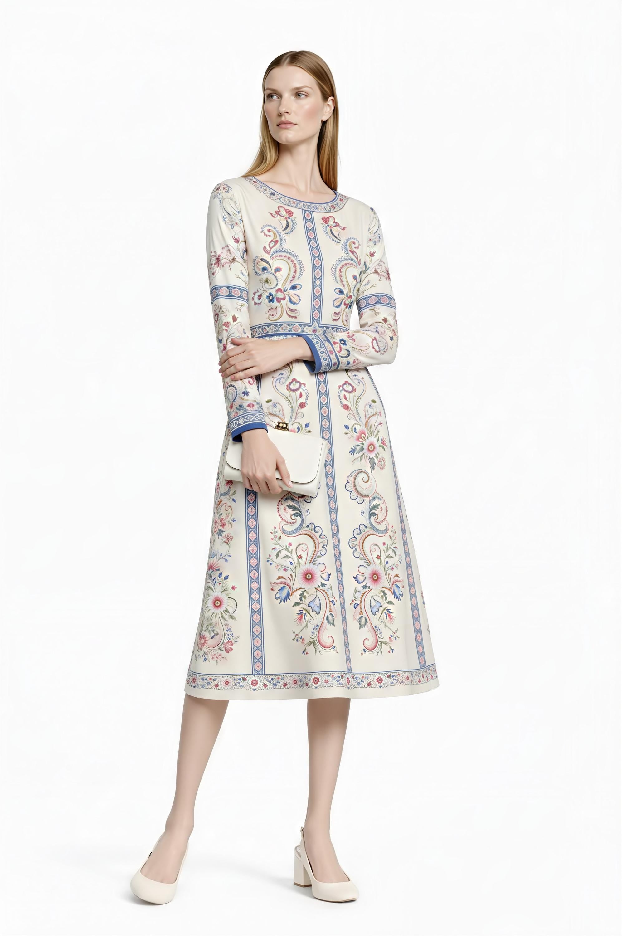 Ivory Floral Midi Dress, Long Sleeve Vintage Inspired Tea Dress