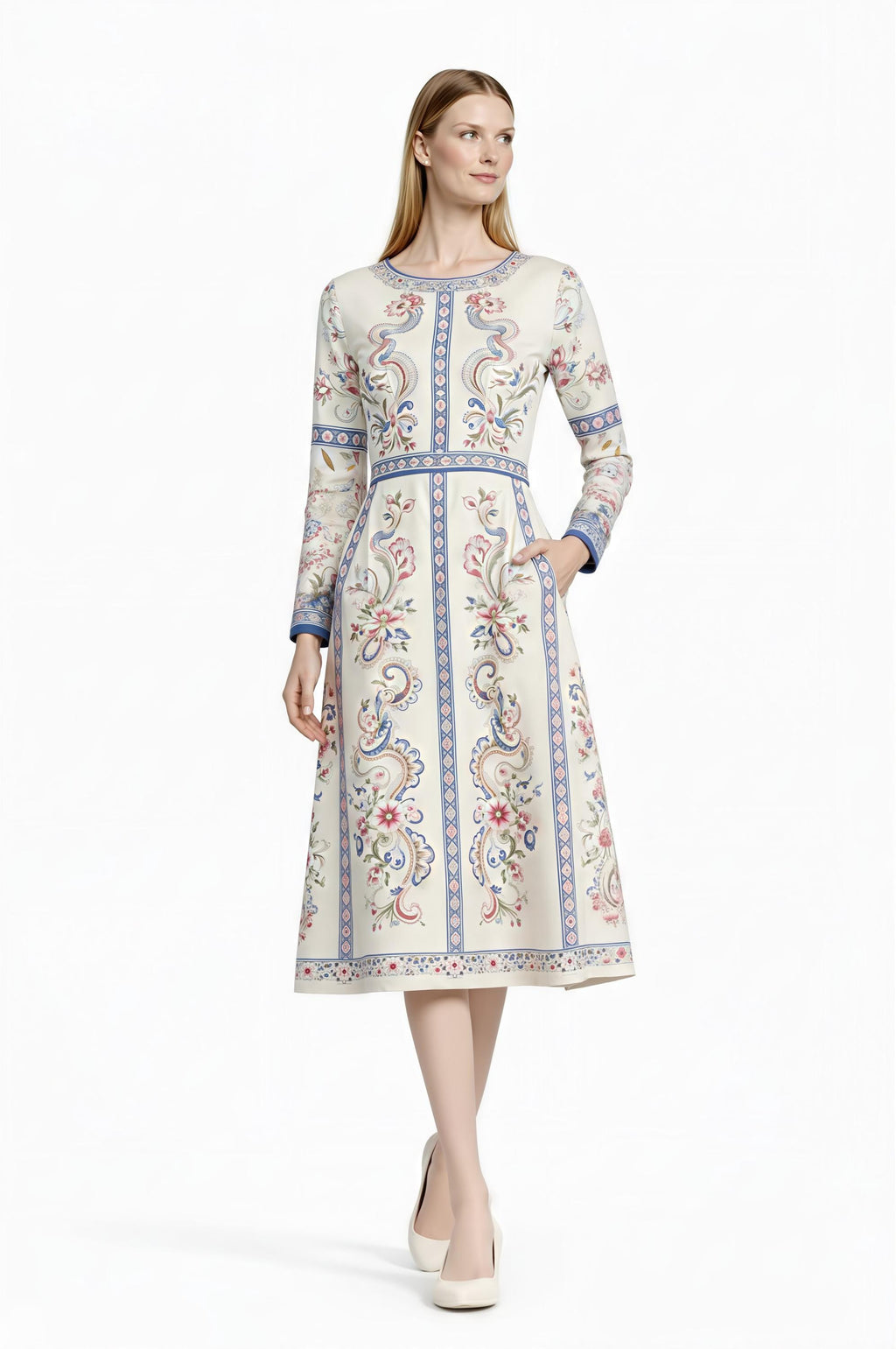 Ivory Floral Midi Dress, Long Sleeve Vintage Inspired Tea Dress