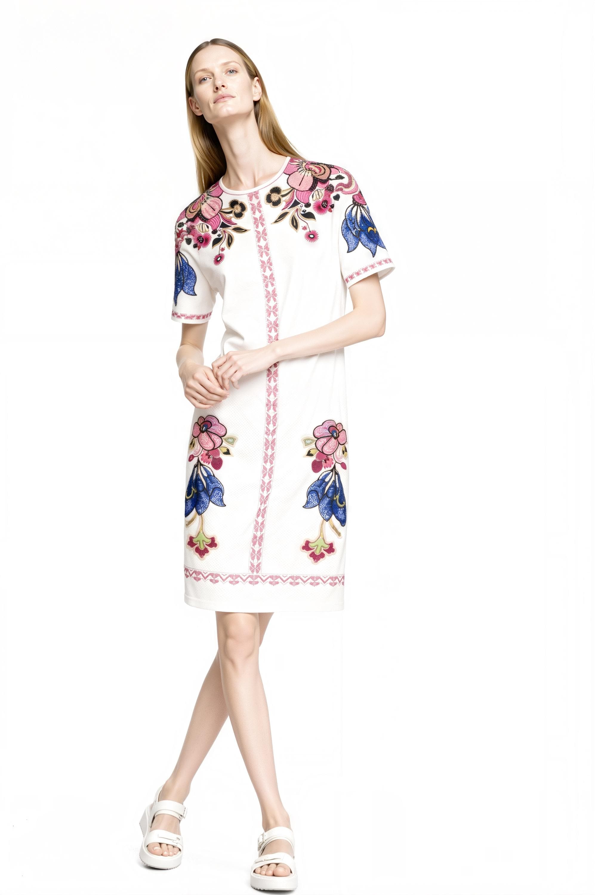 Ivory Floral T-Shirt Mini Dress, Pink Blue Border Print, Vintage Resort Style