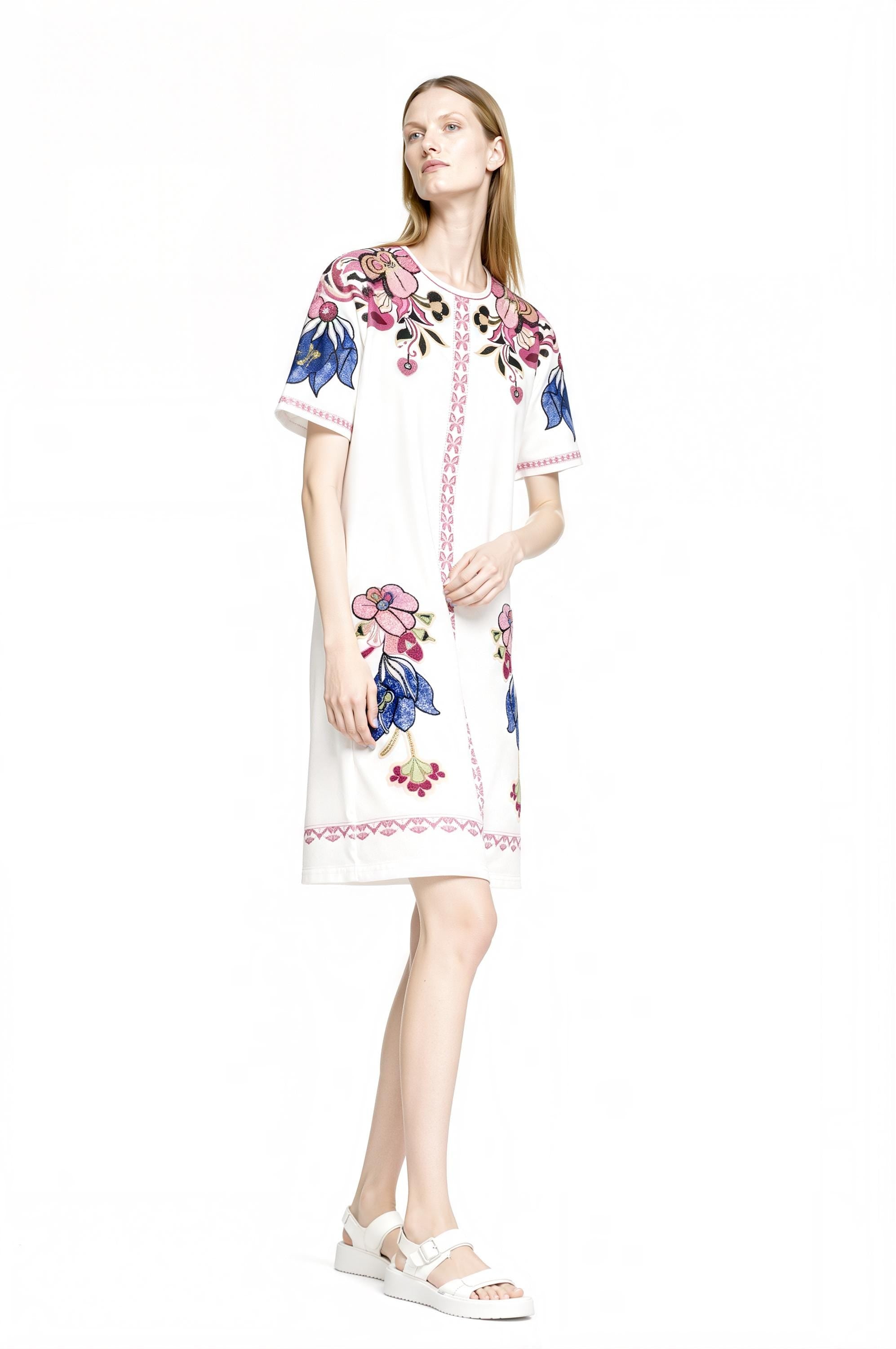 Ivory Floral T-Shirt Mini Dress, Pink Blue Border Print, Vintage Resort Style
