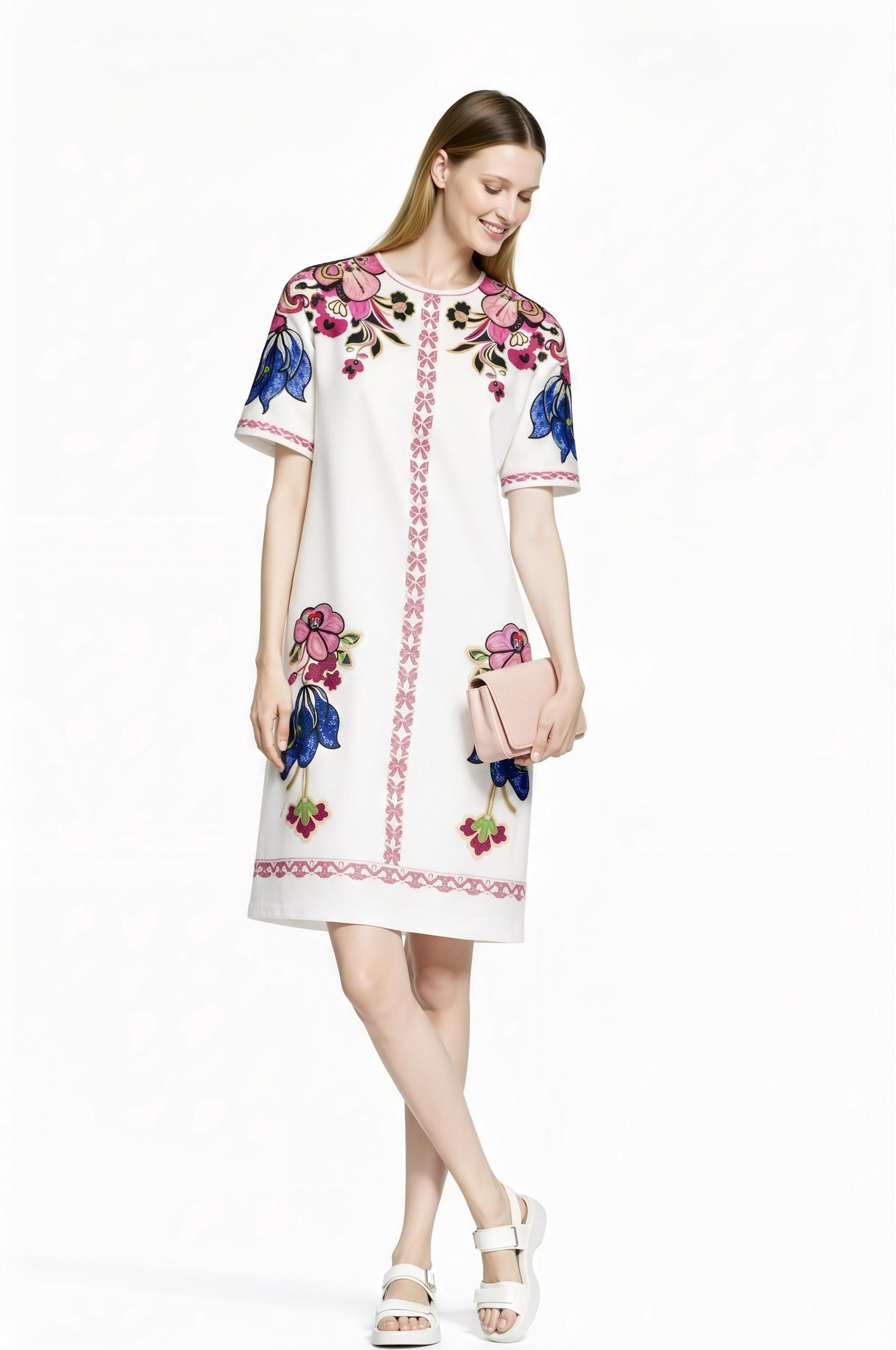 Ivory Floral T-Shirt Mini Dress, Pink Blue Border Print, Vintage Resort Style