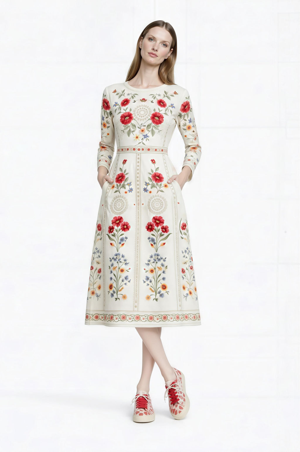 May include: A cream-colored, long-sleeved dress with a floral pattern featuring red and blue flowers. The dress has a round neckline, pockets, and a fitted waist. The model is wearing red and white patterned sneakers.