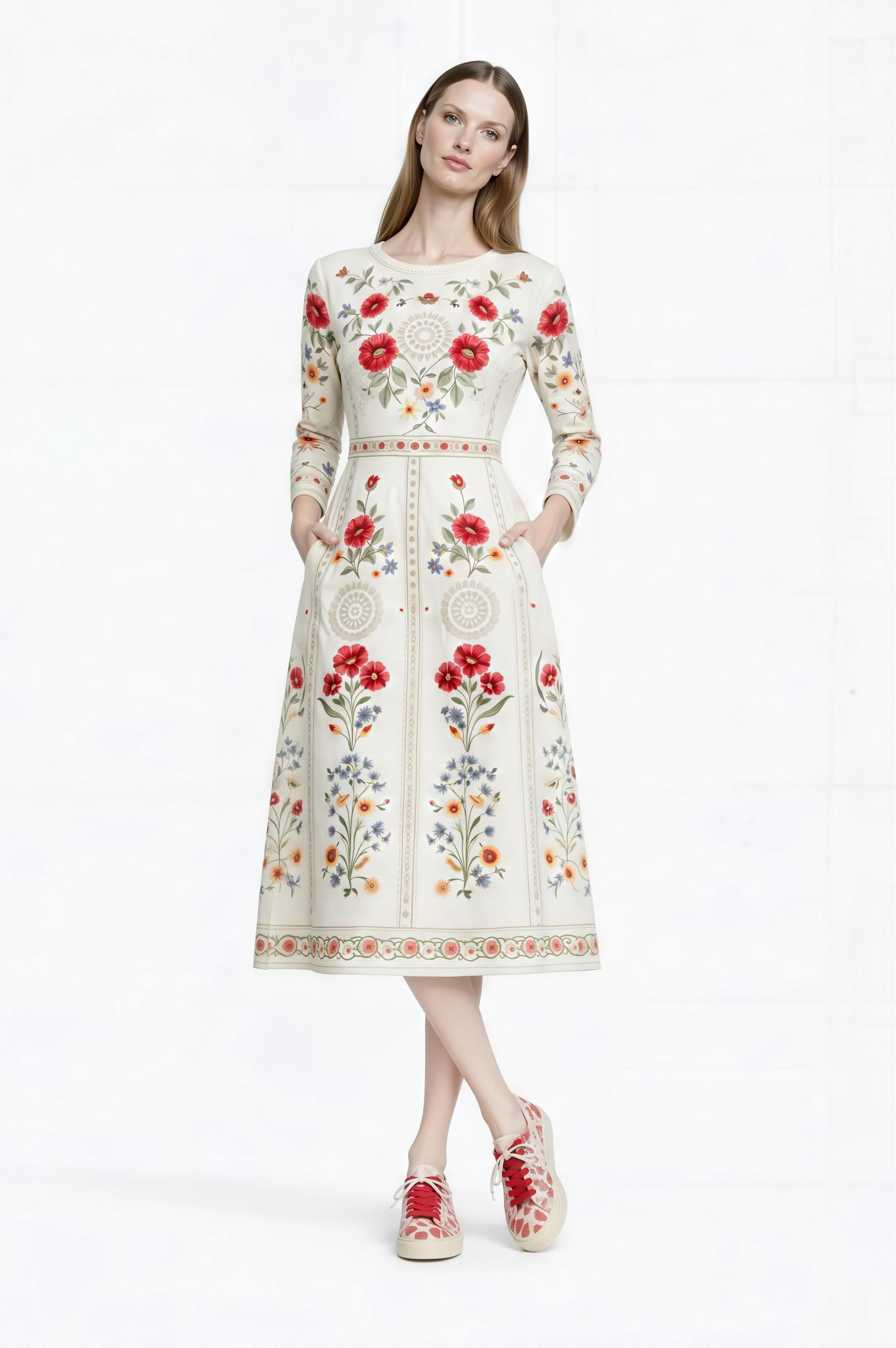May include: A cream-colored, long-sleeved dress with a floral pattern featuring red and blue flowers. The dress has a round neckline, pockets, and a fitted waist. The model is wearing red and white patterned sneakers.