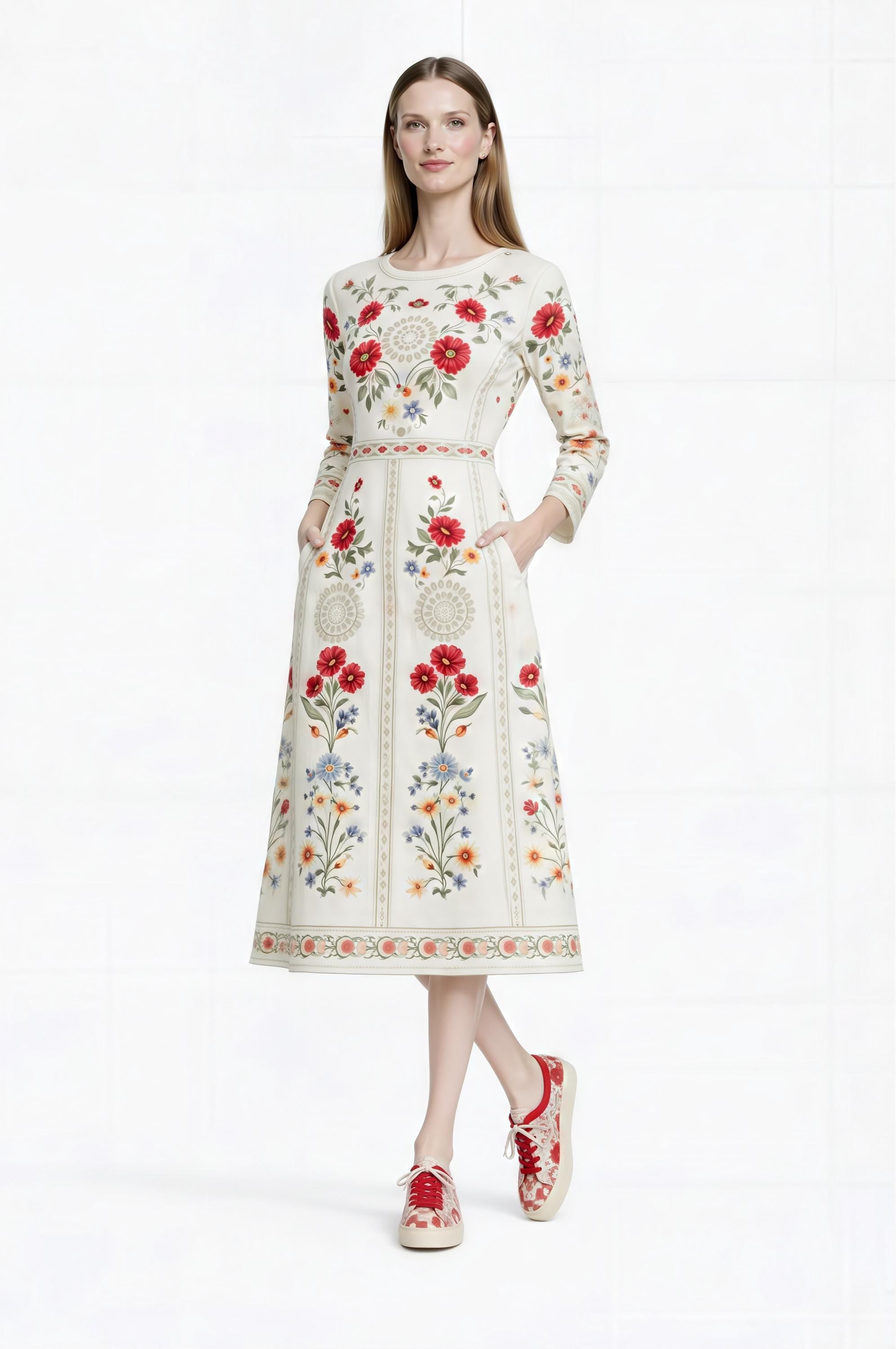 Ivory Red Floral Midi Dress: Vintage European Garden Party Style