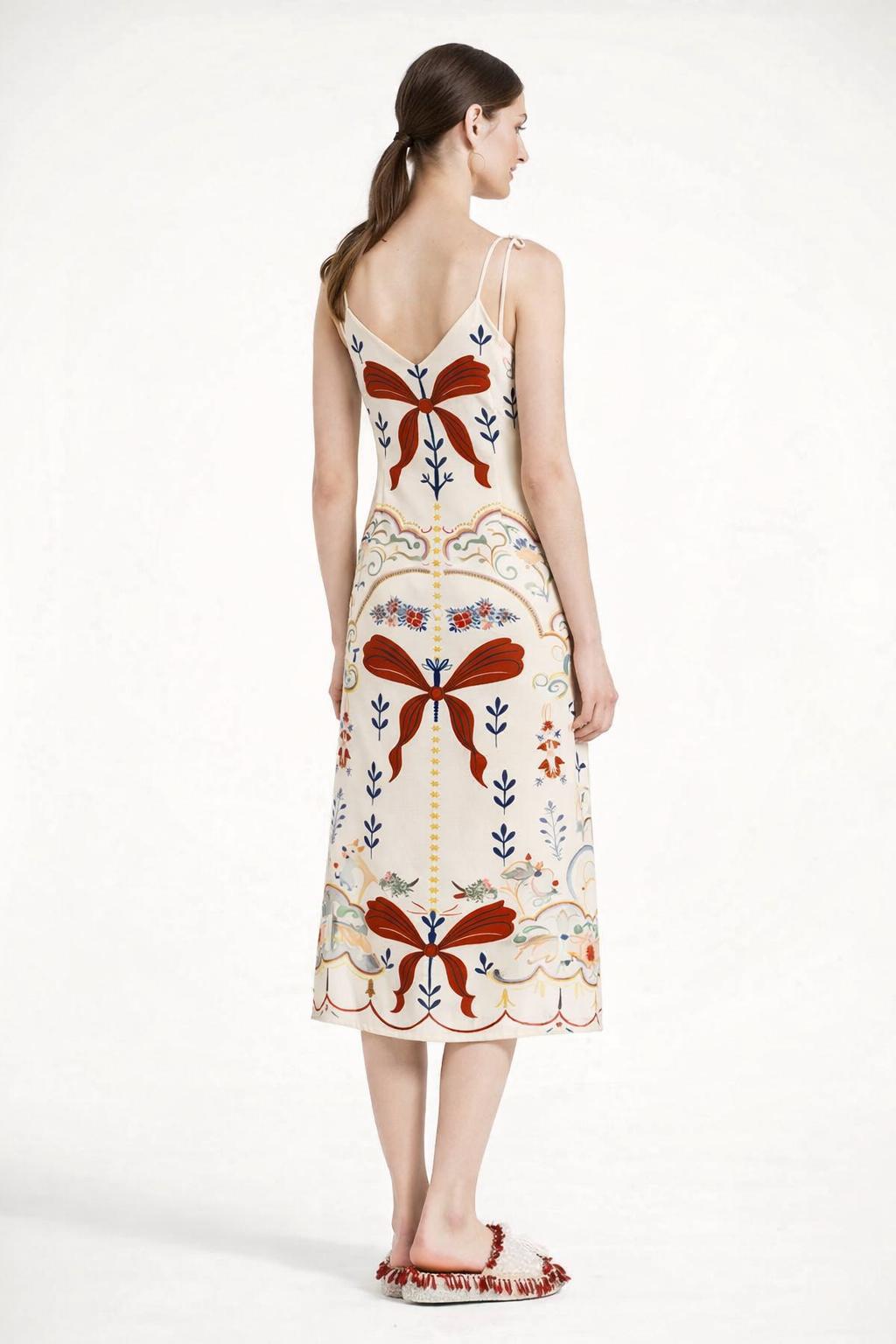 Ivory Ribbon Print Midi Slip Dress with Adjustable Tie Straps Ornamental Floral Design