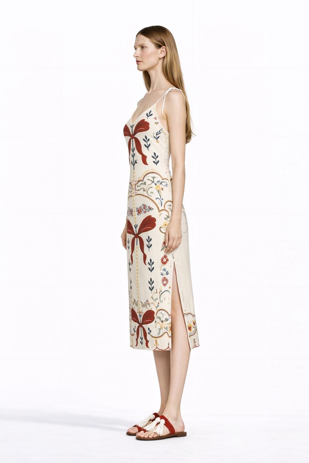 Ivory Ribbon Print Midi Slip Dress with Adjustable Tie Straps Ornamental Floral Design
