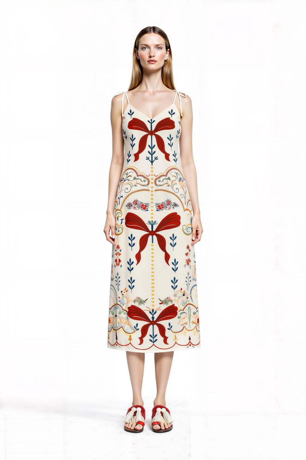 Ivory Ribbon Print Midi Slip Dress with Adjustable Tie Straps Ornamental Floral Design