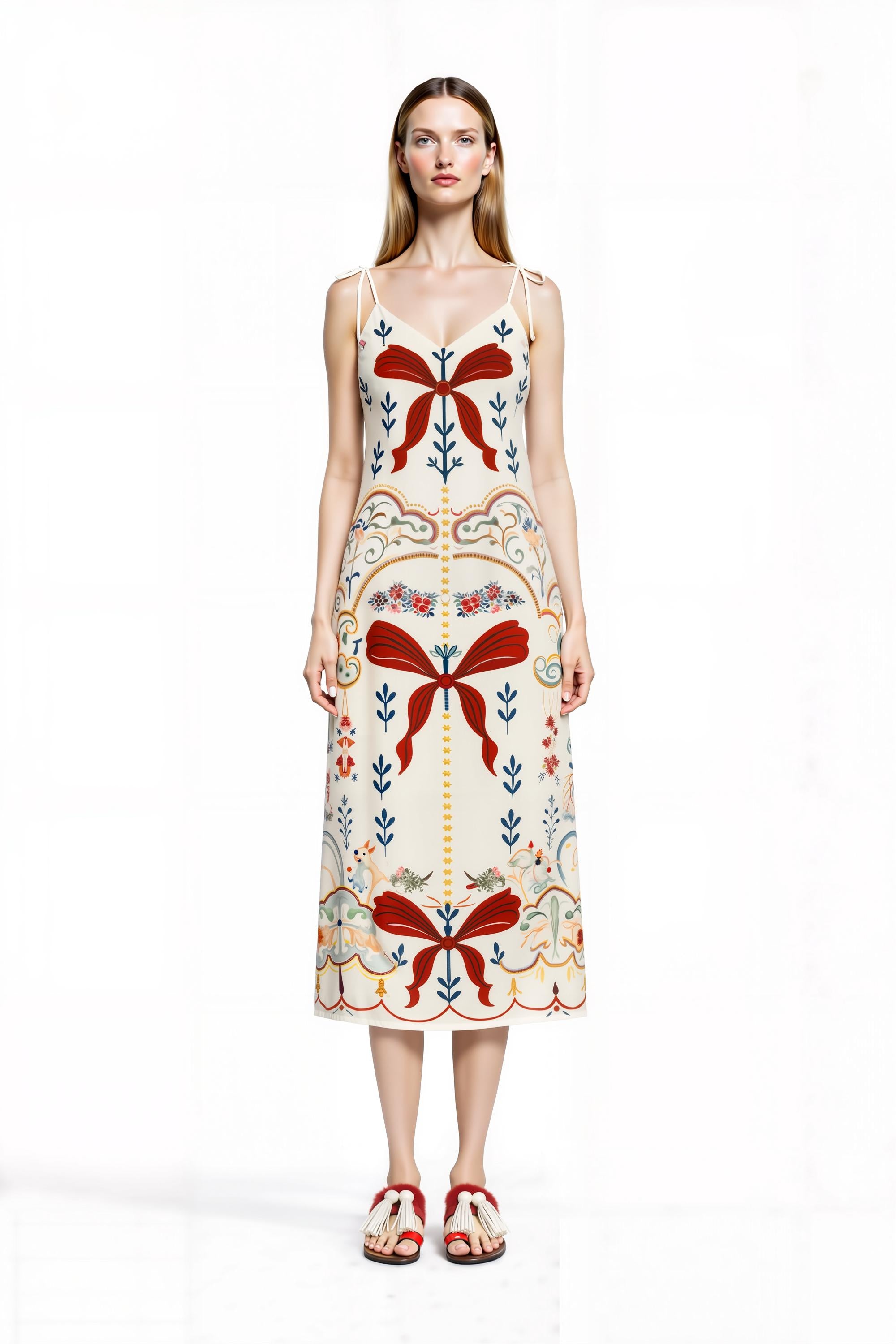 Ivory Ribbon Print Midi Slip Dress with Adjustable Tie Straps Ornamental Floral Design