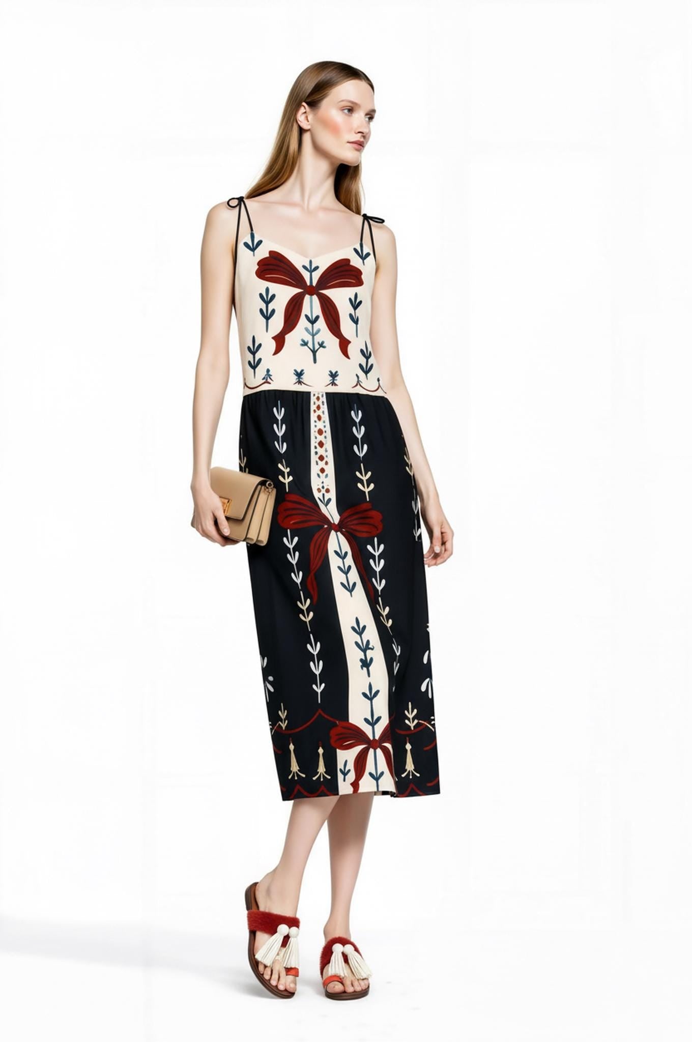 Ivory and Black Ribbon Print Midi Slip Dress with Adjustable Tie Straps Ornamental Design