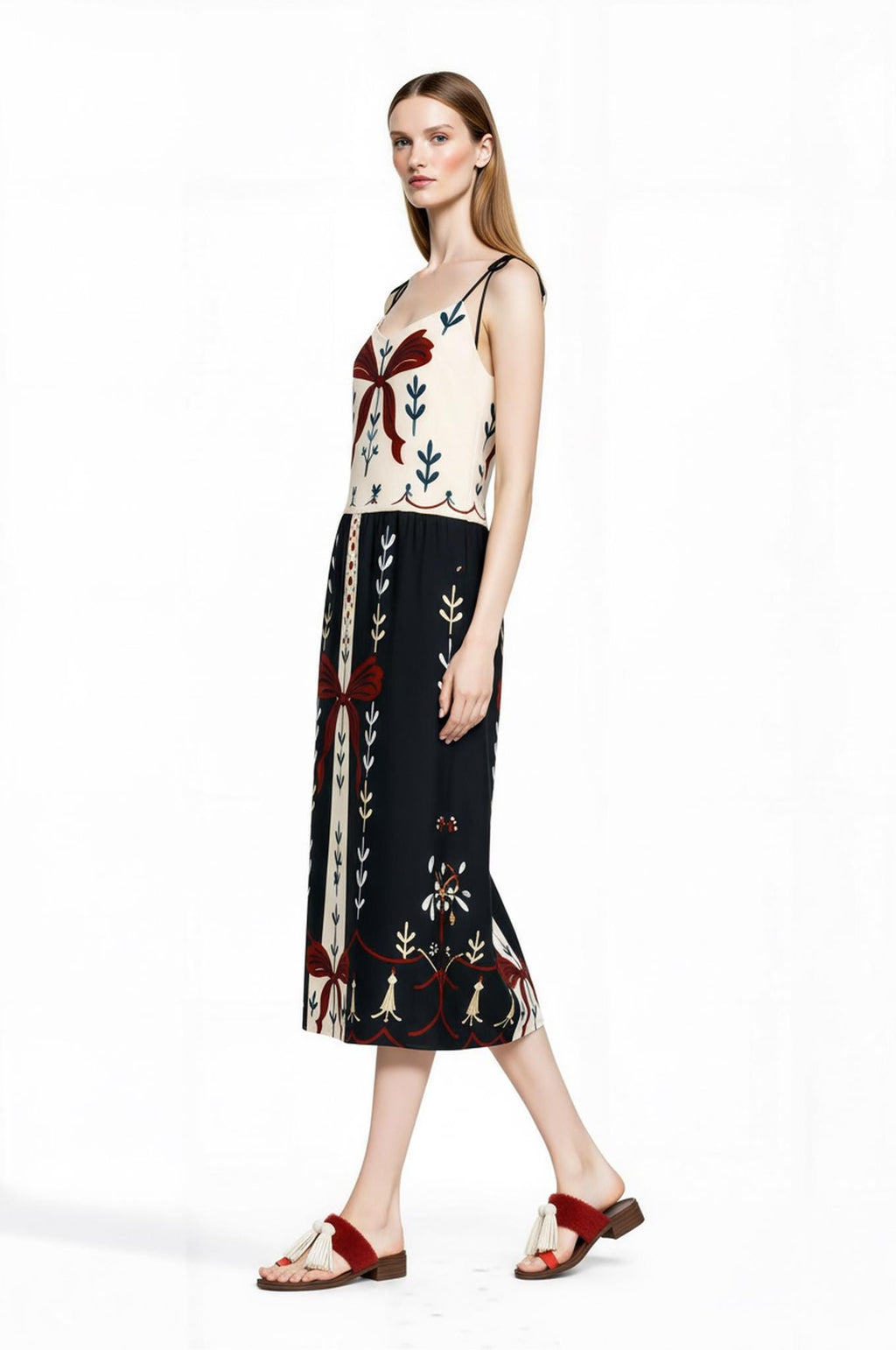 Ivory and Black Ribbon Print Midi Slip Dress with Adjustable Tie Straps Ornamental Design