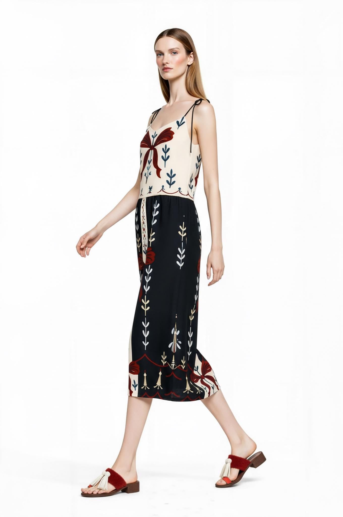 Ivory and Black Ribbon Print Midi Slip Dress with Adjustable Tie Straps Ornamental Design