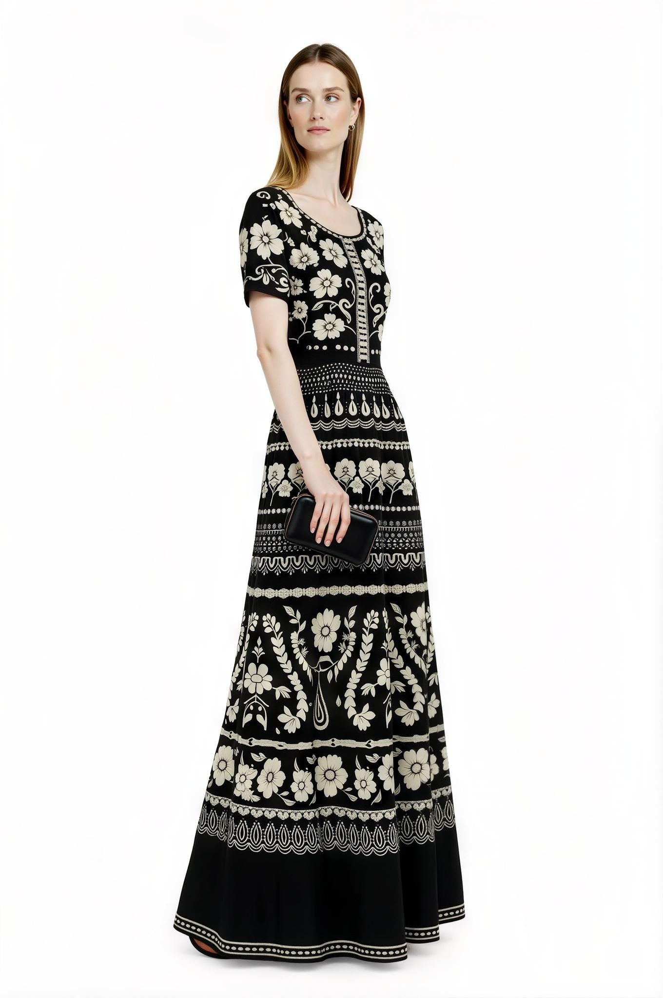 Ivory and Blue Floral Maxi Dress with Short Sleeves and Side Pockets A-Line Silhouette