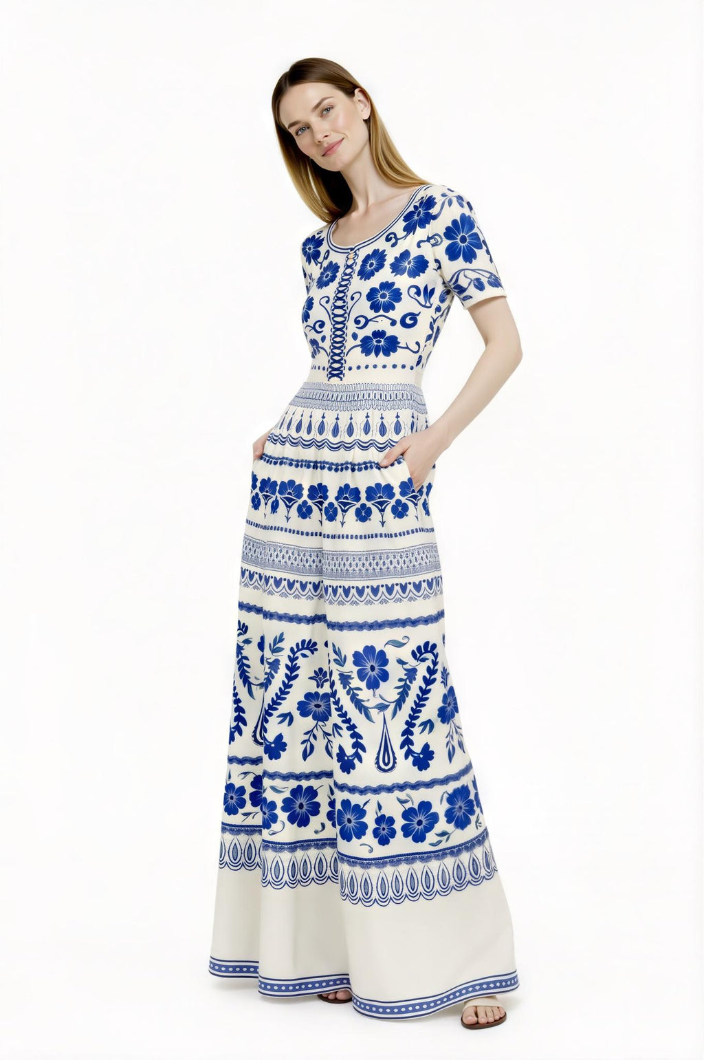 Ivory and Blue Floral Maxi Dress with Short Sleeves and Side Pockets A-Line Silhouette