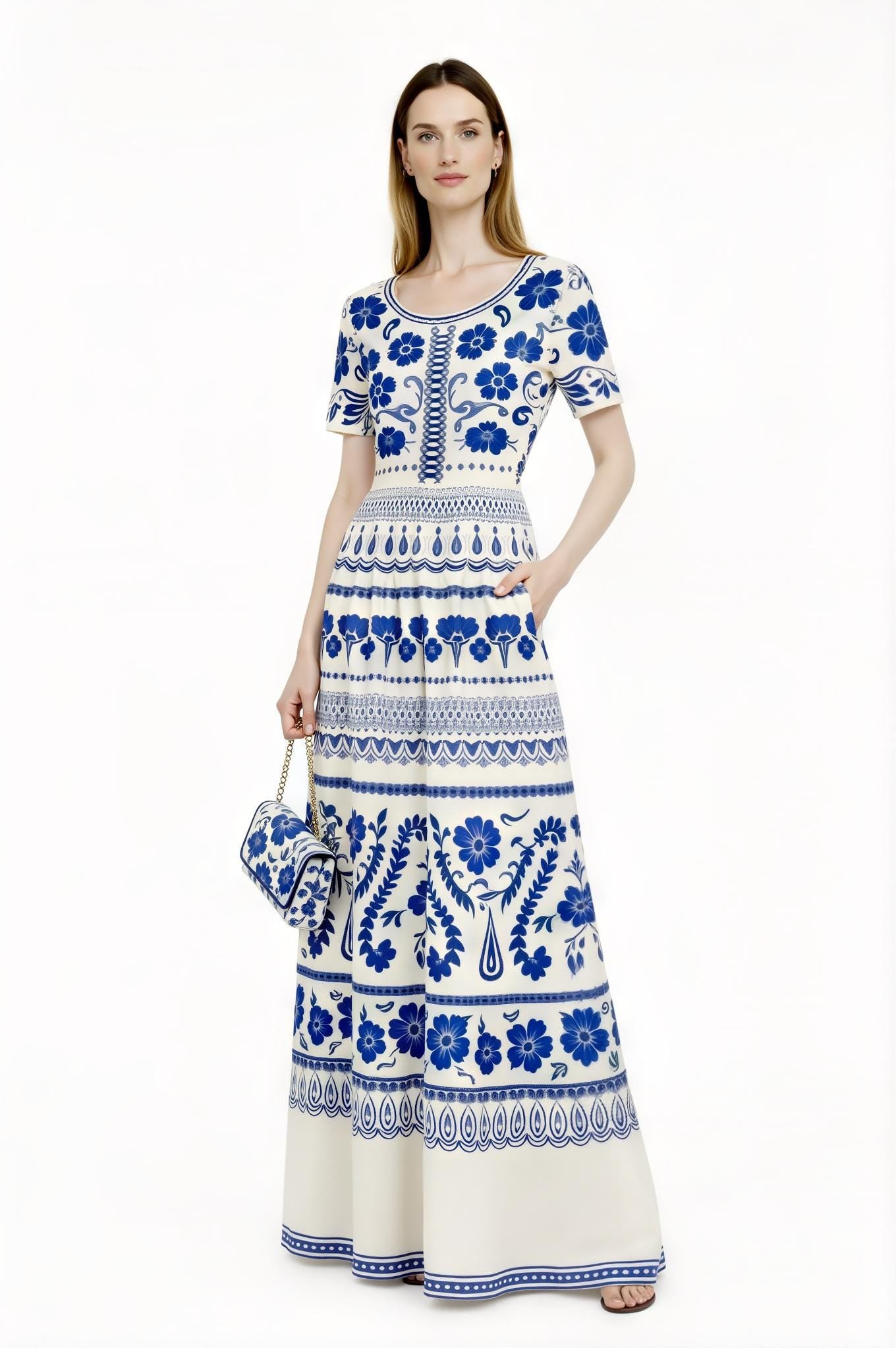 Ivory and Blue Floral Maxi Dress with Short Sleeves and Side Pockets A-Line Silhouette