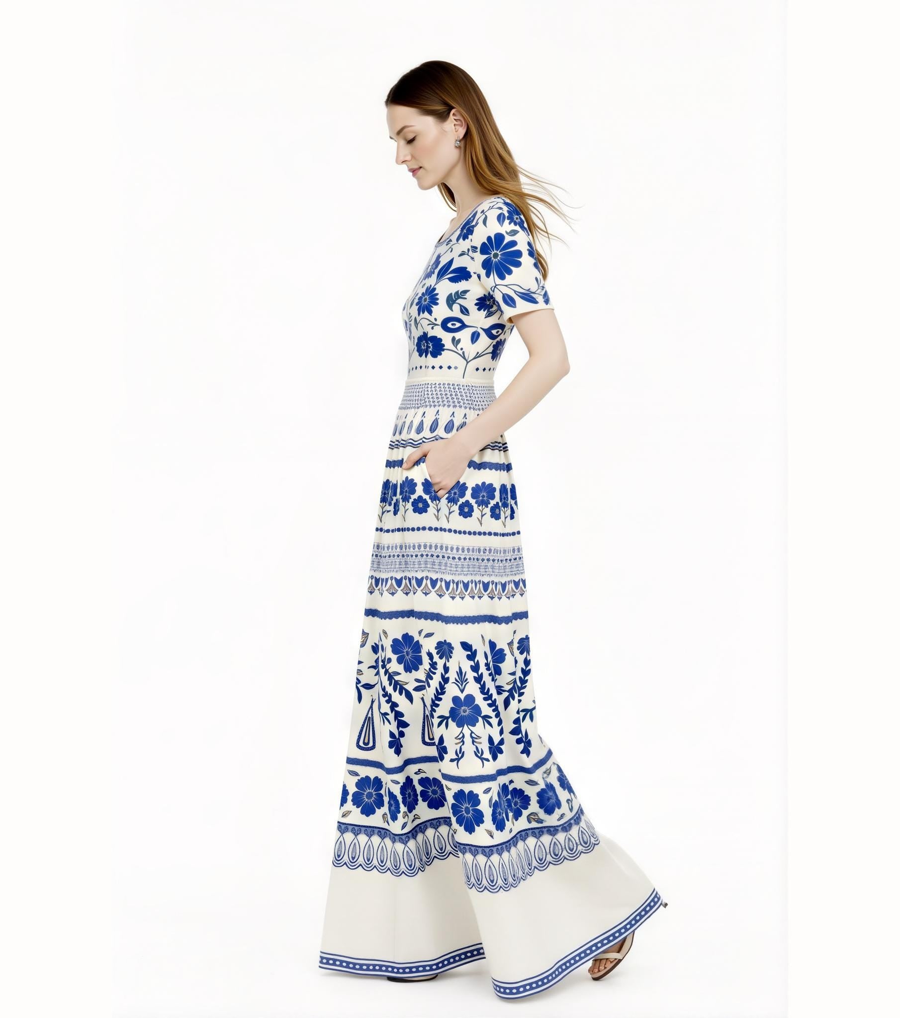 Ivory and Blue Floral Maxi Dress with Short Sleeves and Side Pockets A-Line Silhouette