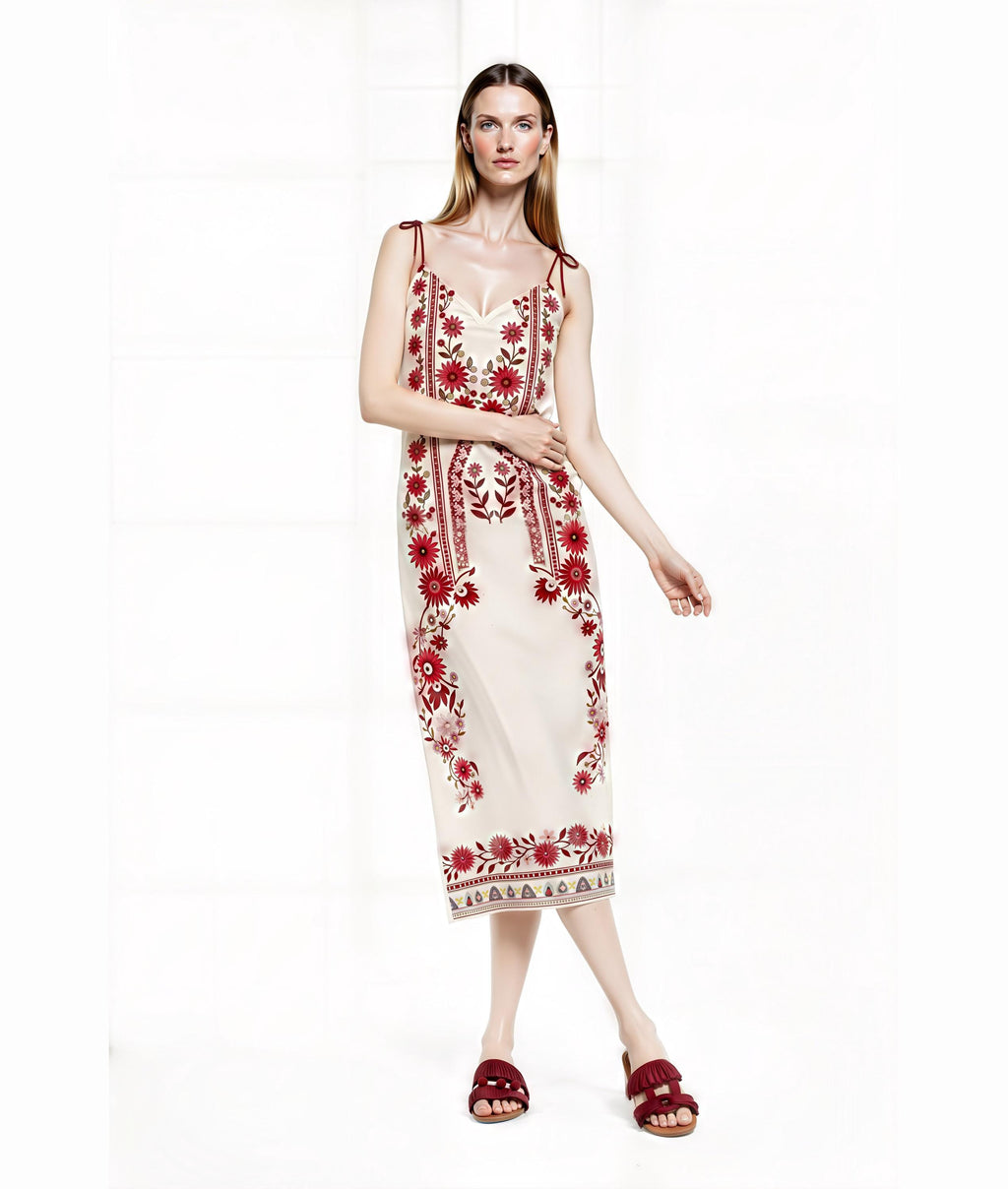 Ivory and Red Floral Midi Slip Dress with Adjustable Tie Straps Ornamental Print