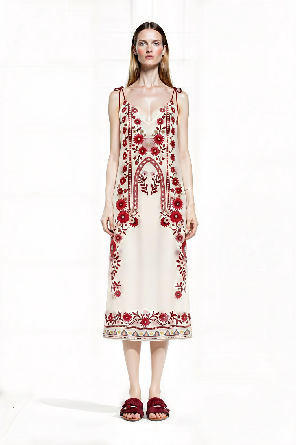Ivory and Red Floral Midi Slip Dress with Adjustable Tie Straps Ornamental Print