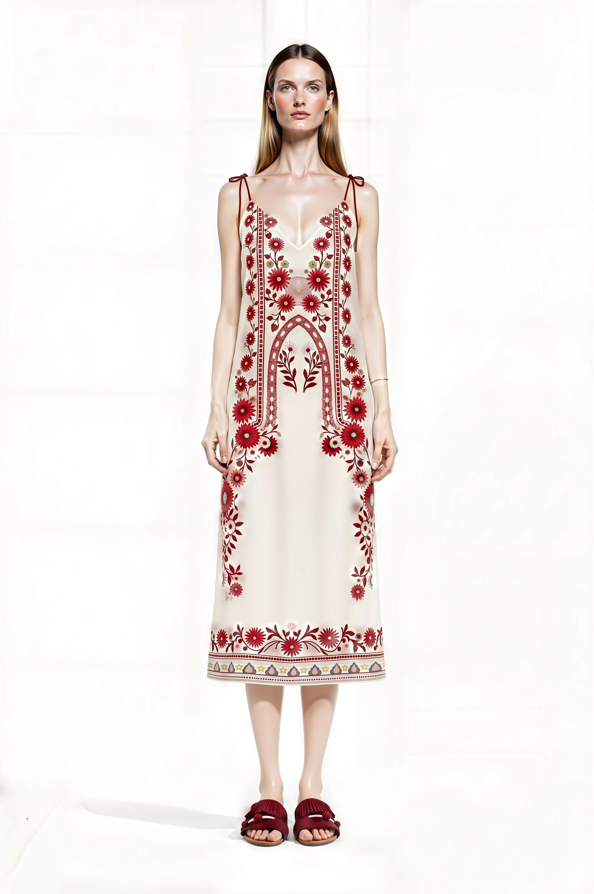 Ivory and Red Floral Midi Slip Dress with Adjustable Tie Straps Ornamental Print