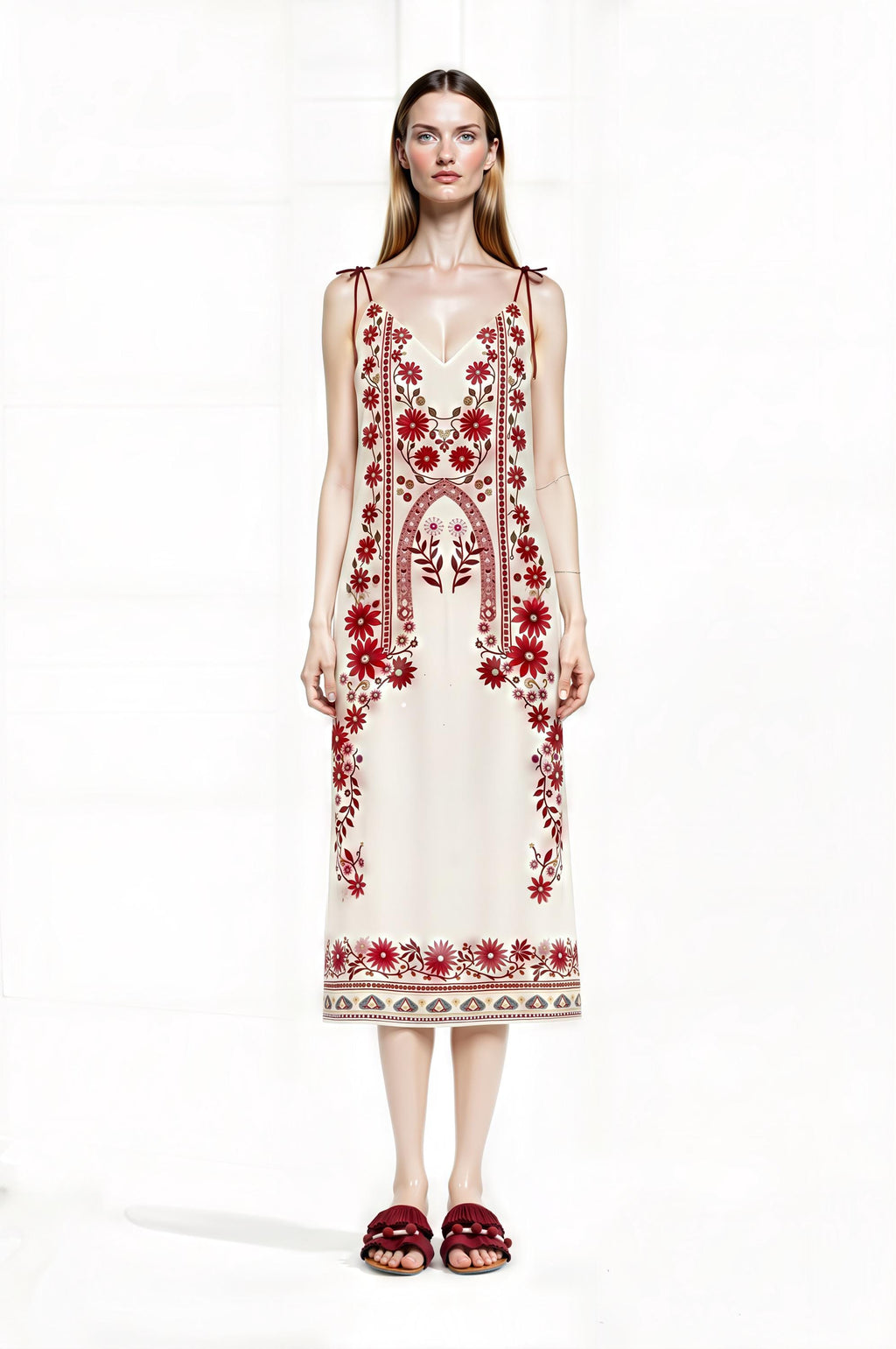 Ivory and Red Floral Midi Slip Dress with Adjustable Tie Straps Ornamental Print
