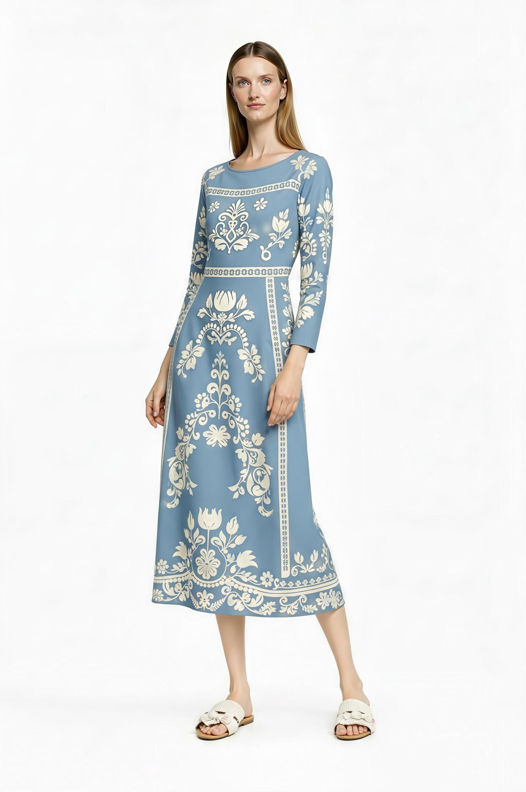 Light Blue Folk Floral Midi Dress, Vintage Style Long Sleeve Boho Elegance