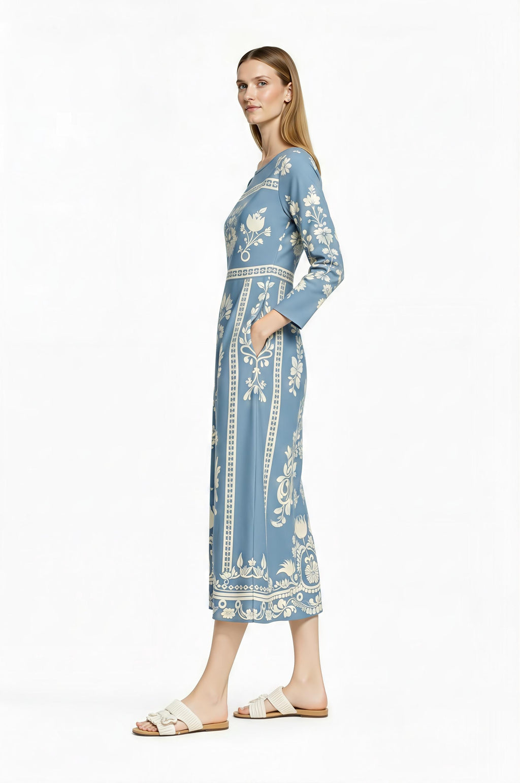 Light Blue Folk Floral Midi Dress, Vintage Style Long Sleeve Boho Elegance
