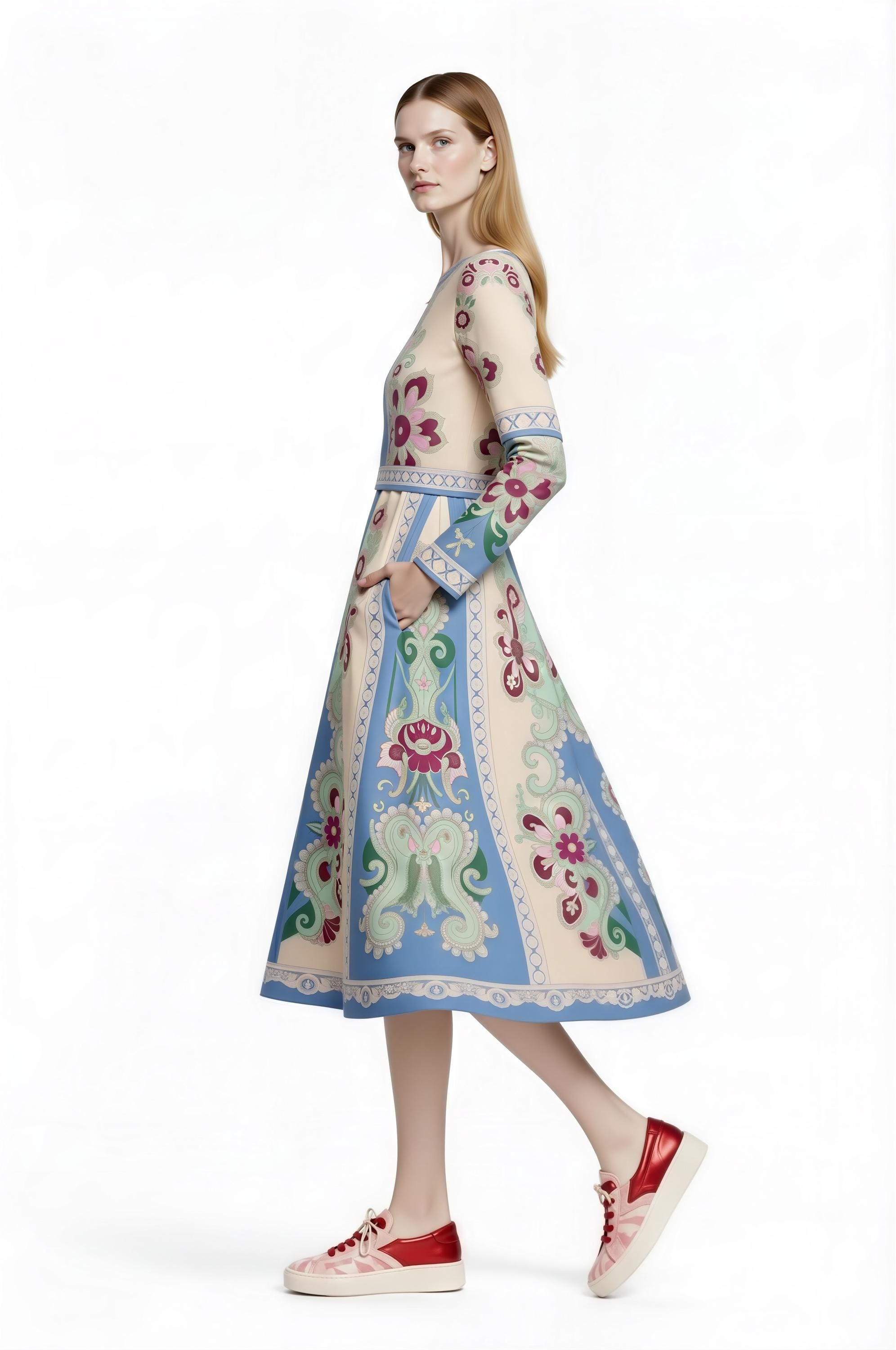Long Sleeve Floral Midi Dress, Romantic Folk Print, Boutique Style, Spring Outfit