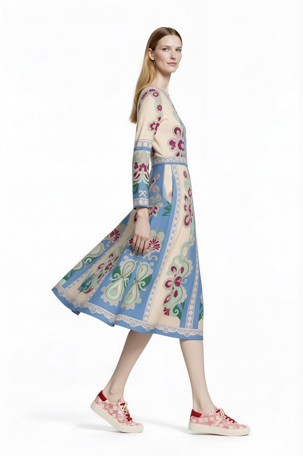 Long Sleeve Floral Midi Dress, Romantic Folk Print, Boutique Style, Spring Outfit