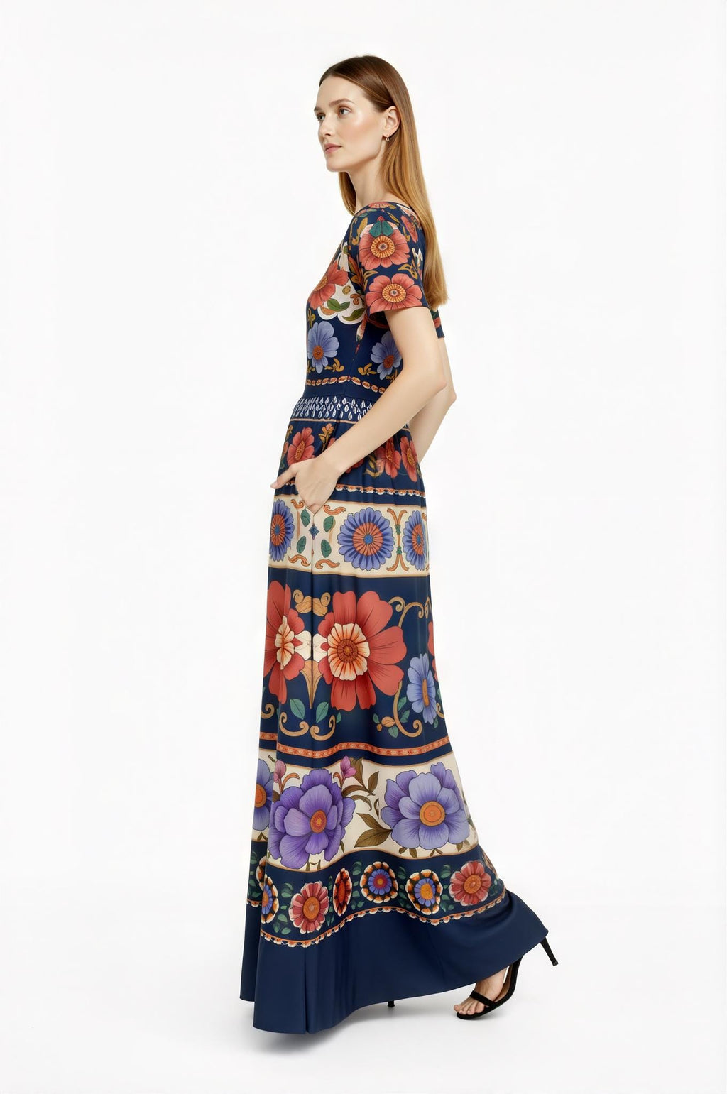Navy Floral Maxi Dress with Short Sleeves and Side Pockets A-Line Silhouette