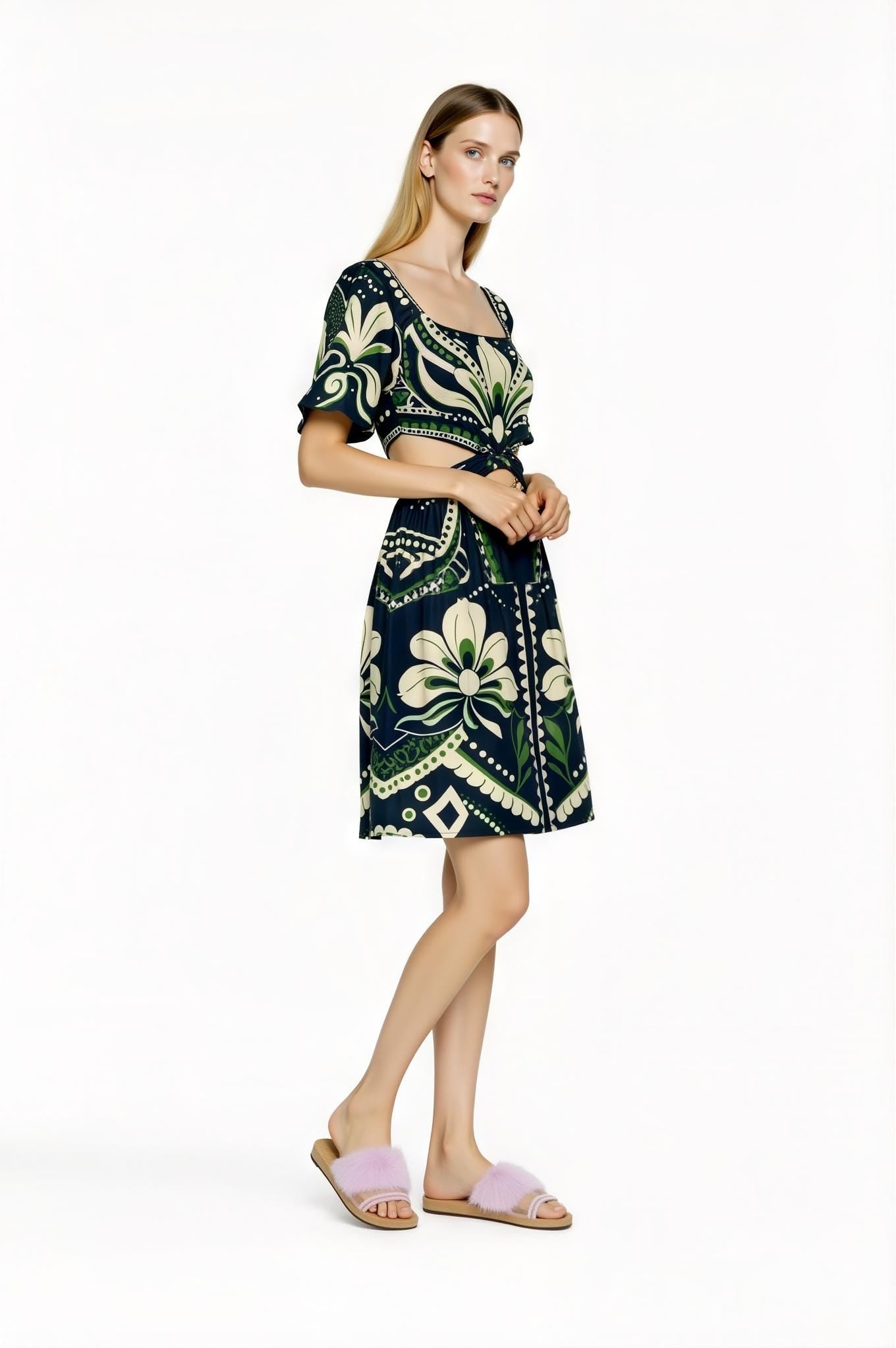 Navy Floral Mini Dress, Cutout Waist, Vintage Botanical Print