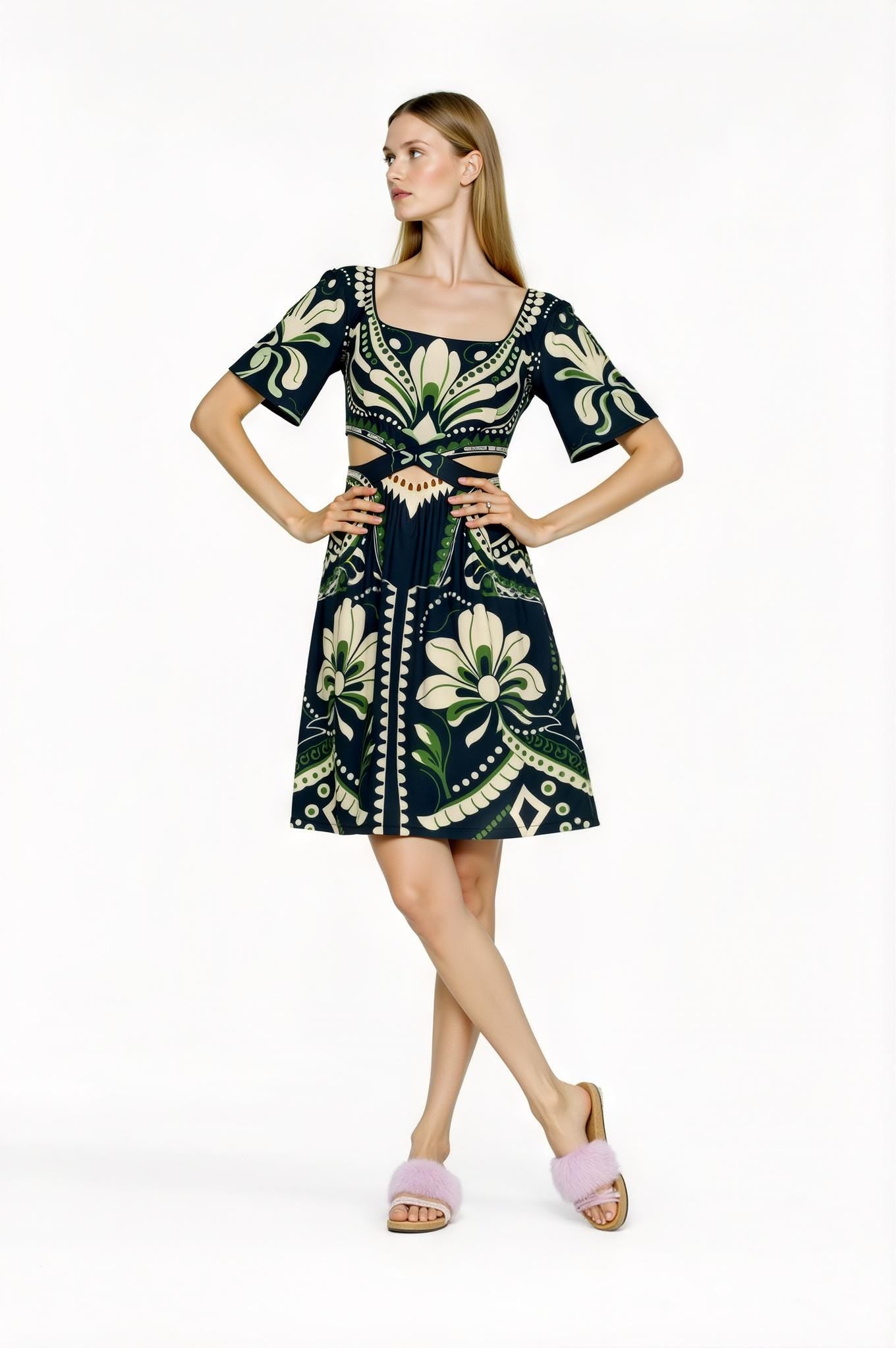 Navy Floral Mini Dress, Cutout Waist, Vintage Botanical Print