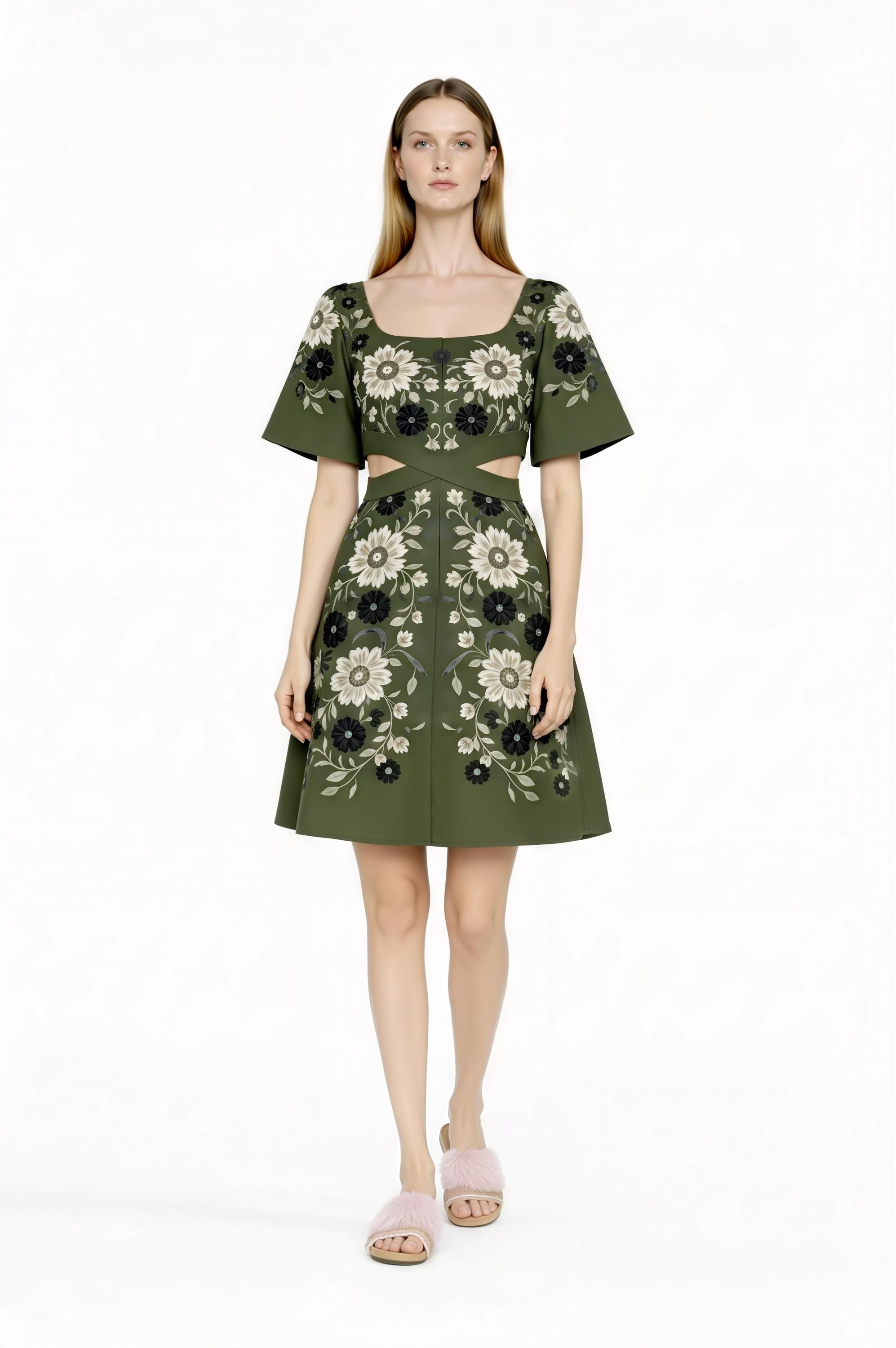 May include: Olive green dress with a square neckline and short sleeves. The dress features a floral pattern in black and white. The waist has a cut-out design. The model is wearing pink fuzzy slippers.
