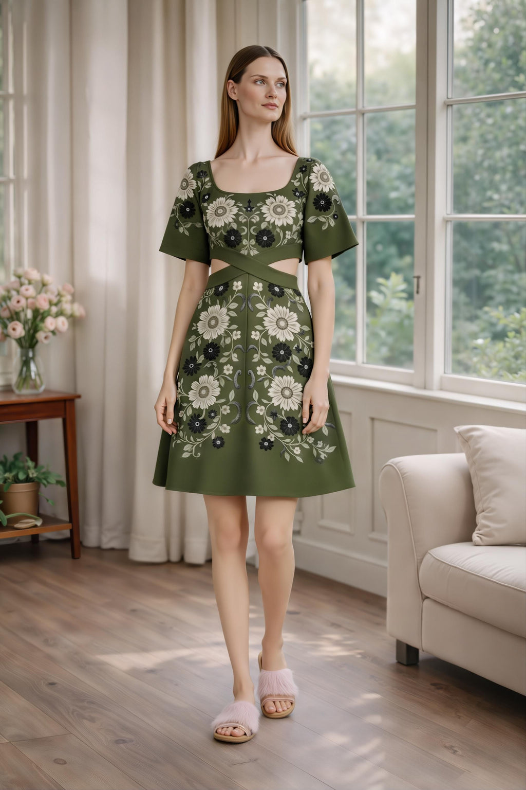 Olive Floral Cutout Mini Dress, Romantic Square Neck, Short Sleeve Summer Party Dress