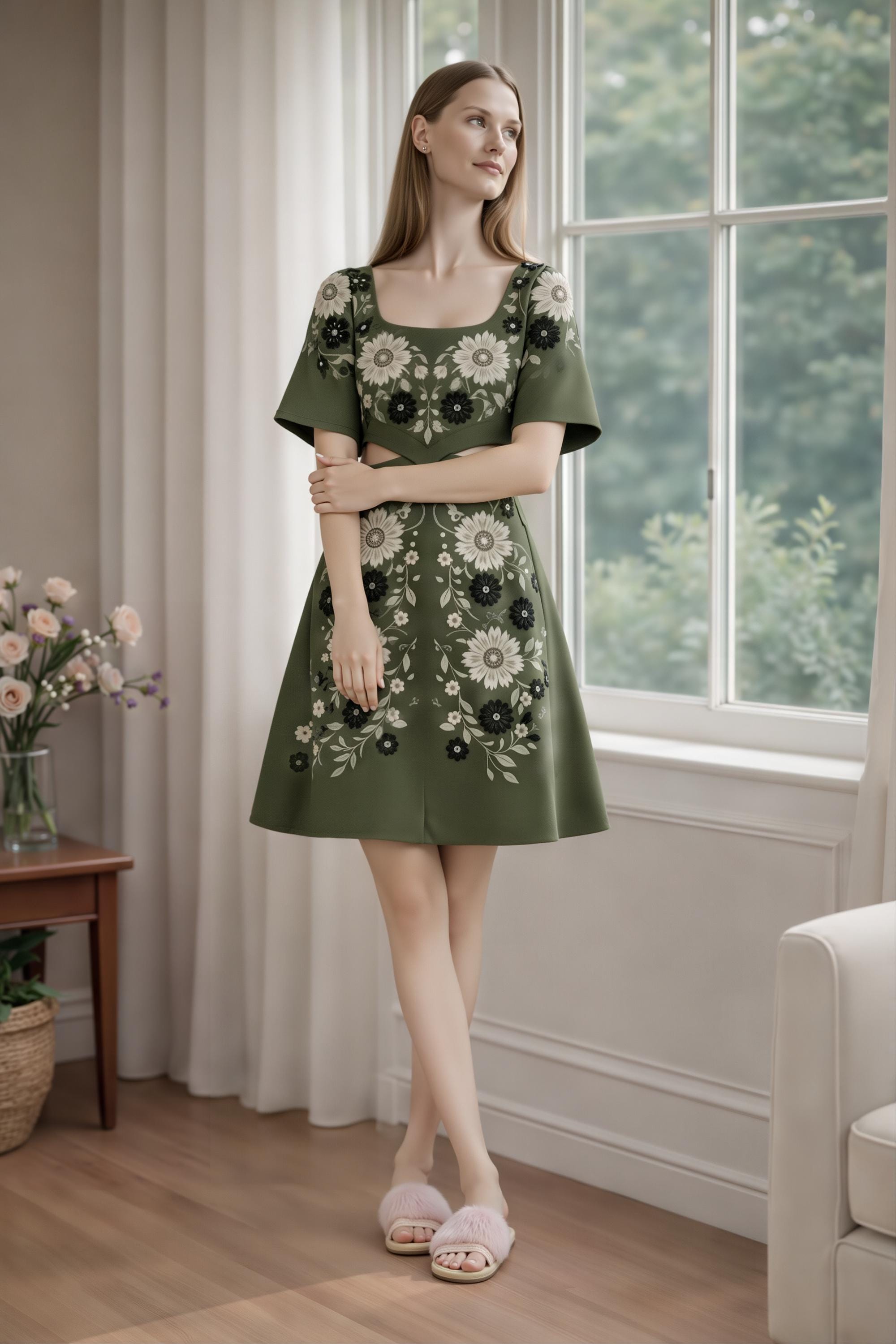 Olive Floral Cutout Mini Dress, Romantic Square Neck, Short Sleeve Summer Party Dress