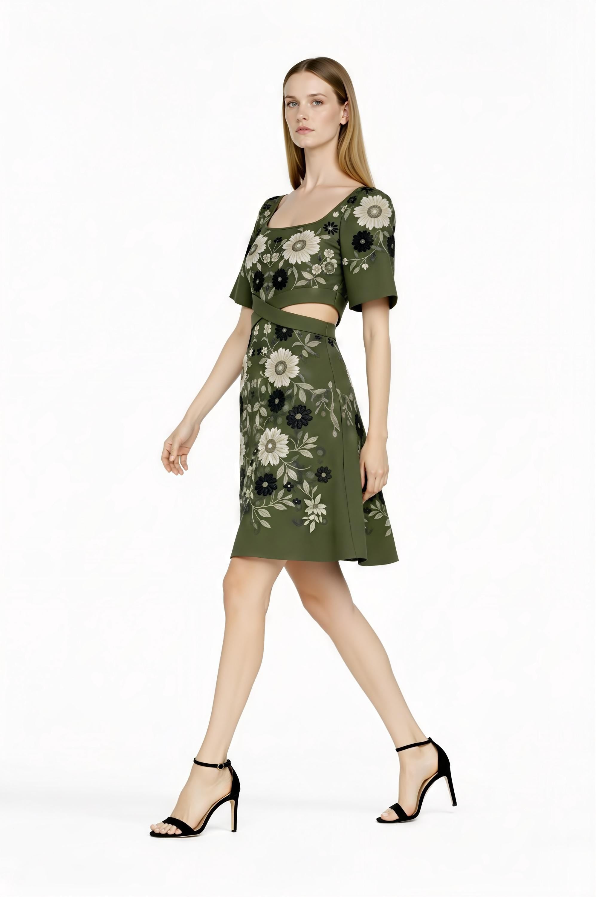 Olive Floral Cutout Mini Dress, Romantic Square Neck, Short Sleeve Summer Party Dress
