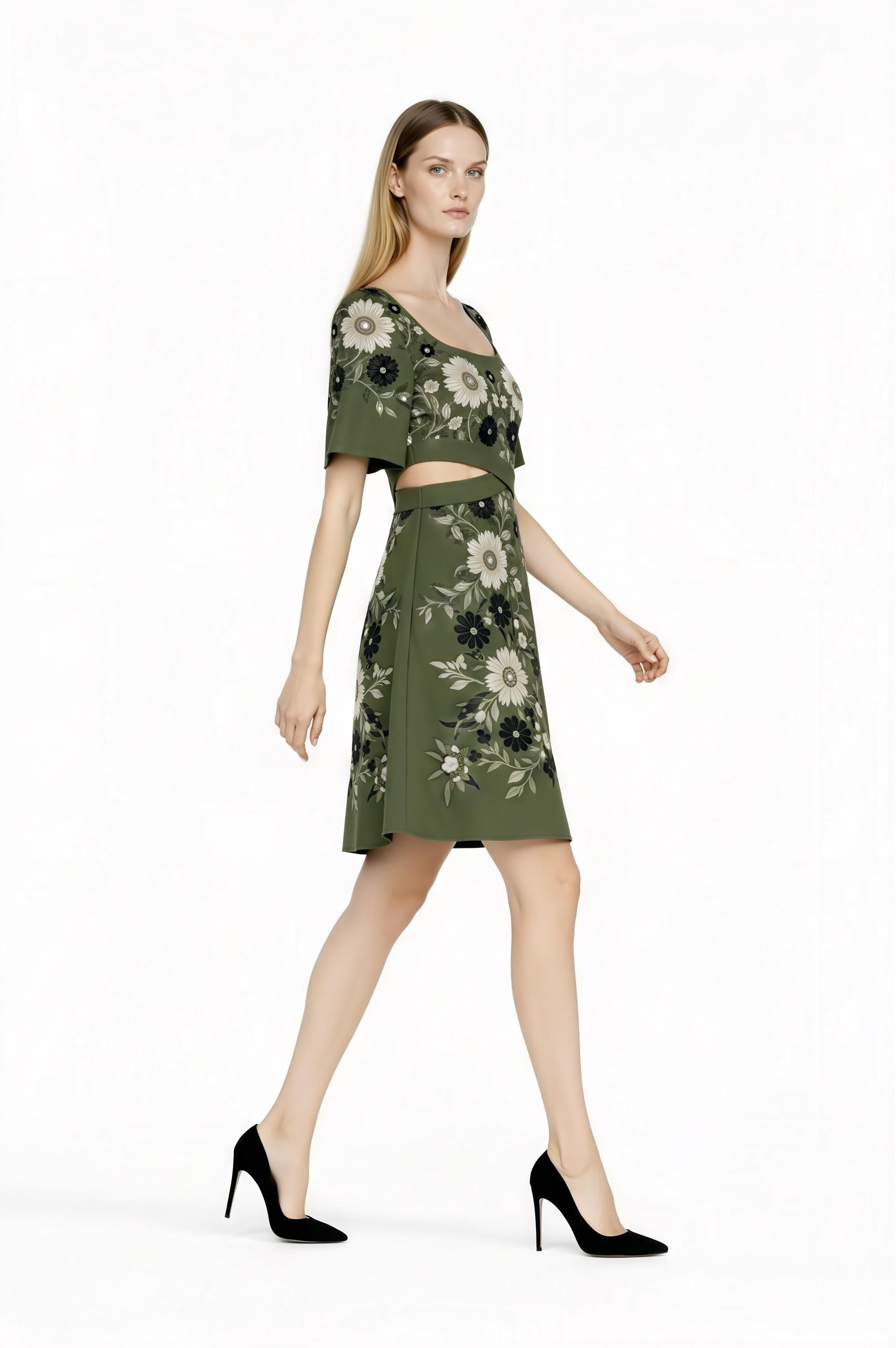 Olive Floral Cutout Mini Dress, Romantic Square Neck, Short Sleeve Summer Party Dress