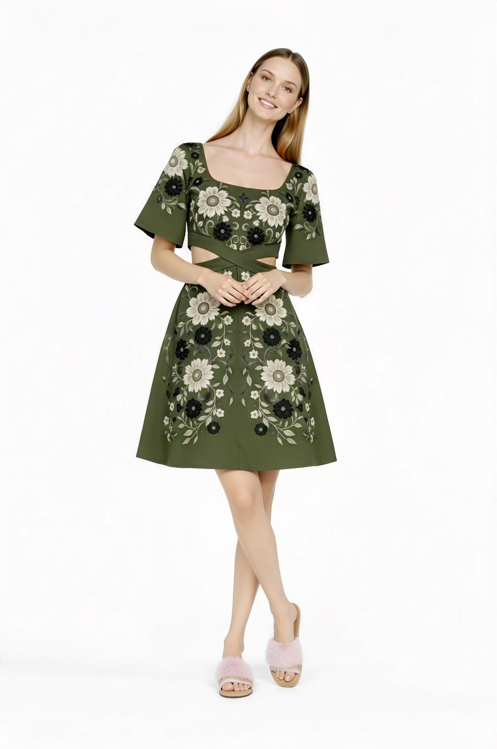 Olive Floral Cutout Mini Dress, Romantic Square Neck, Short Sleeve Summer Party Dress