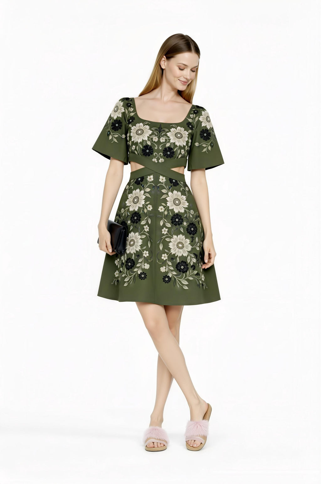 Olive Floral Cutout Mini Dress, Romantic Square Neck, Short Sleeve Summer Party Dress