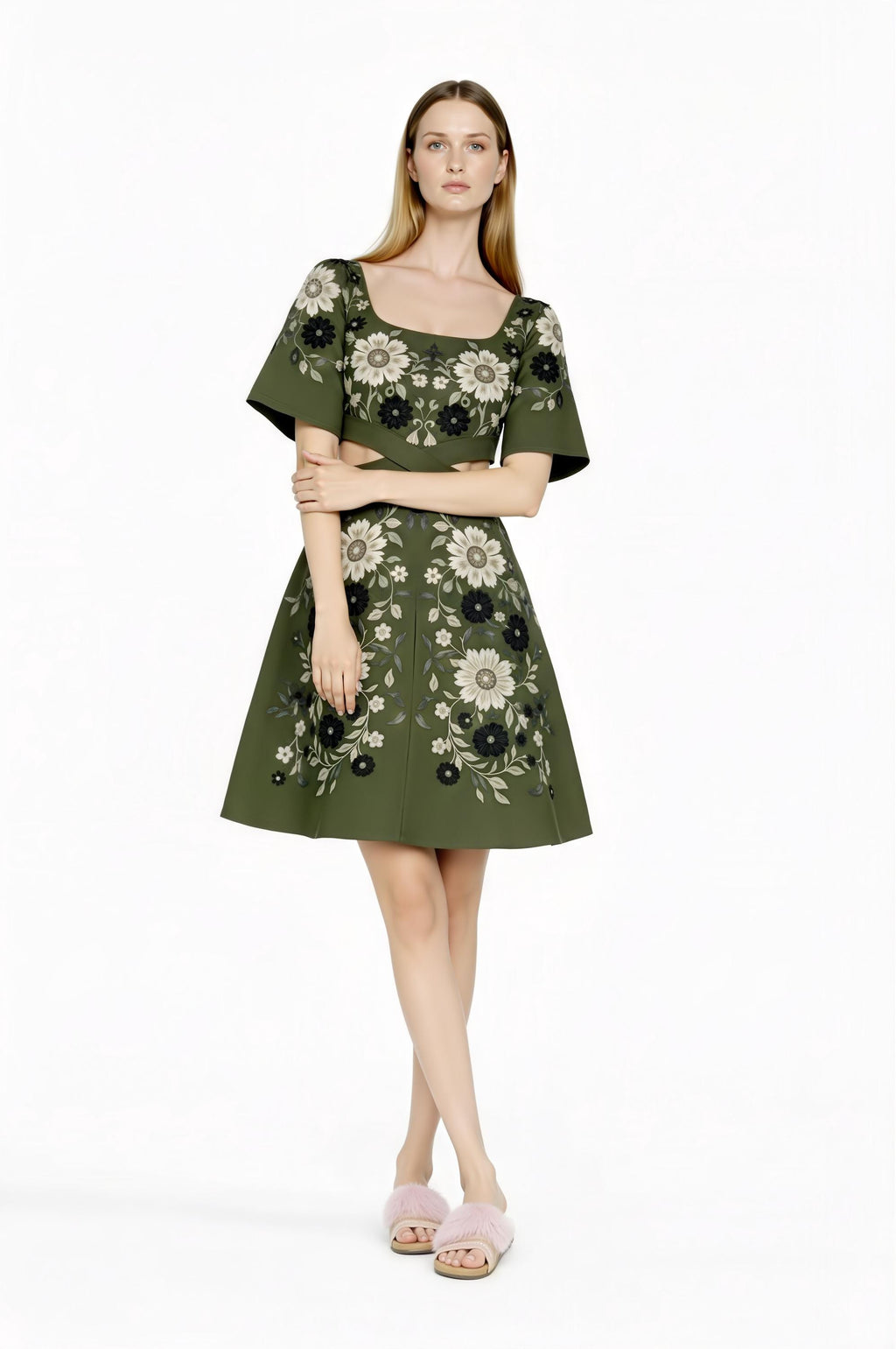 Olive Floral Cutout Mini Dress, Romantic Square Neck, Short Sleeve Summer Party Dress