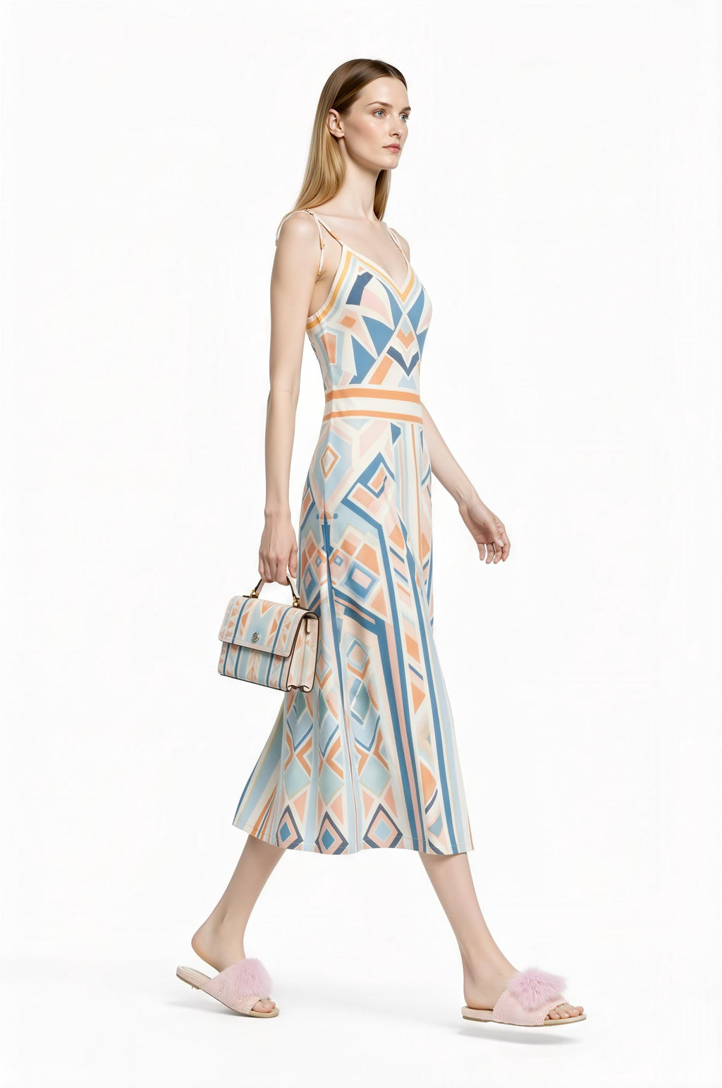 Pastel Geometric Midi Slip Dress in Blue and Peach with Modern Art Deco Print