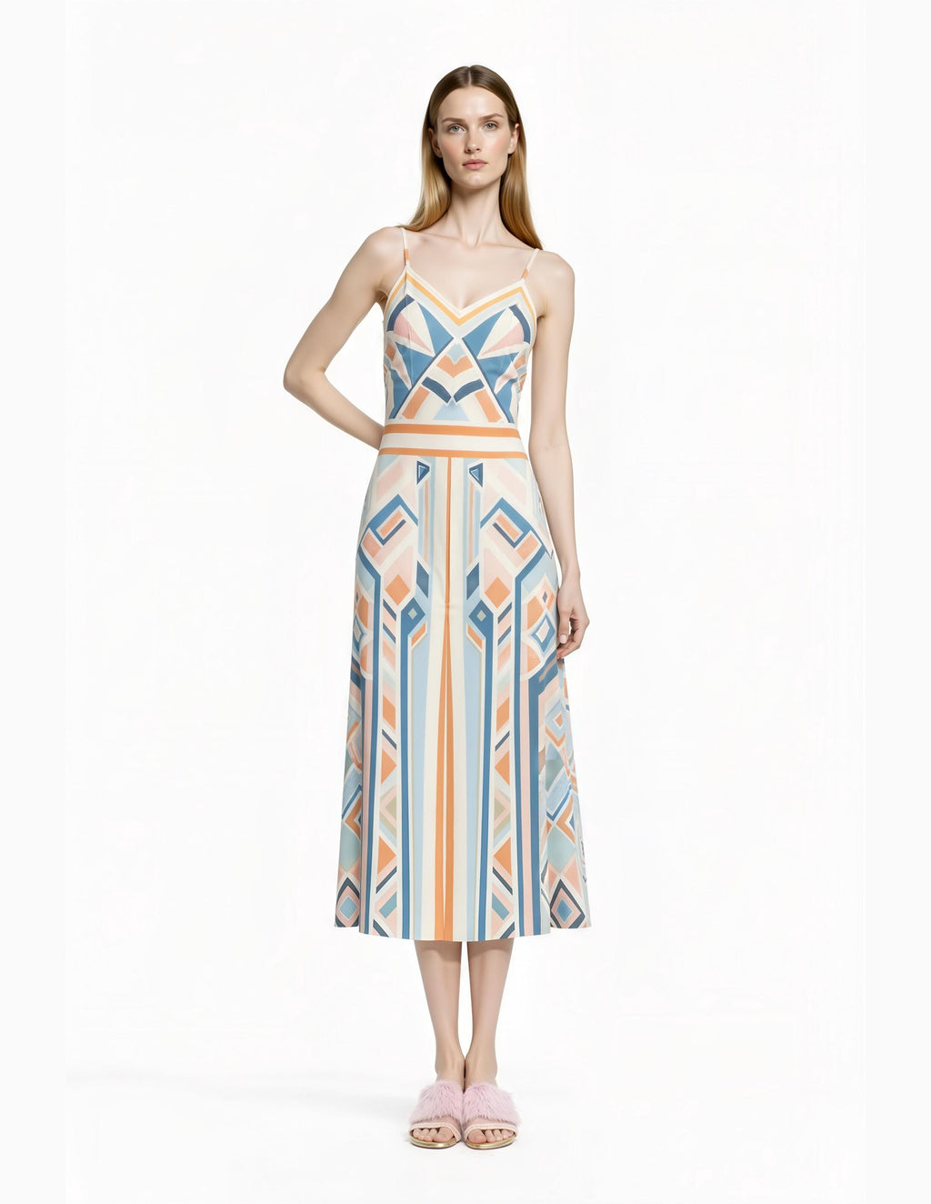 Pastel Geometric Midi Slip Dress in Blue and Peach with Modern Art Deco Print
