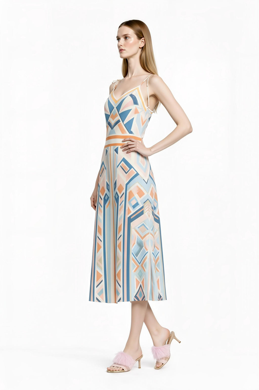 Pastel Geometric Midi Slip Dress in Blue and Peach with Modern Art Deco Print