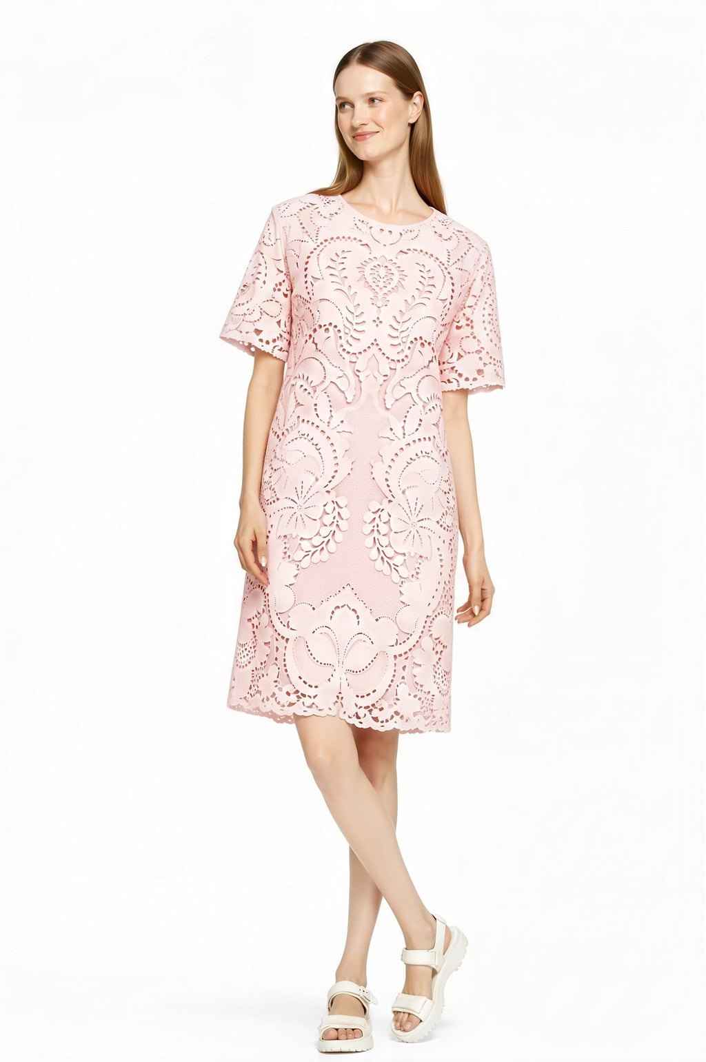 Powder Blue Lace Print T-Shirt Dress, Short Sleeve Relaxed Fit Summer Outfit