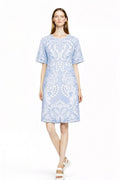 Powder Blue Lace Print T-Shirt Dress, Short Sleeve Relaxed Fit Summer Outfit